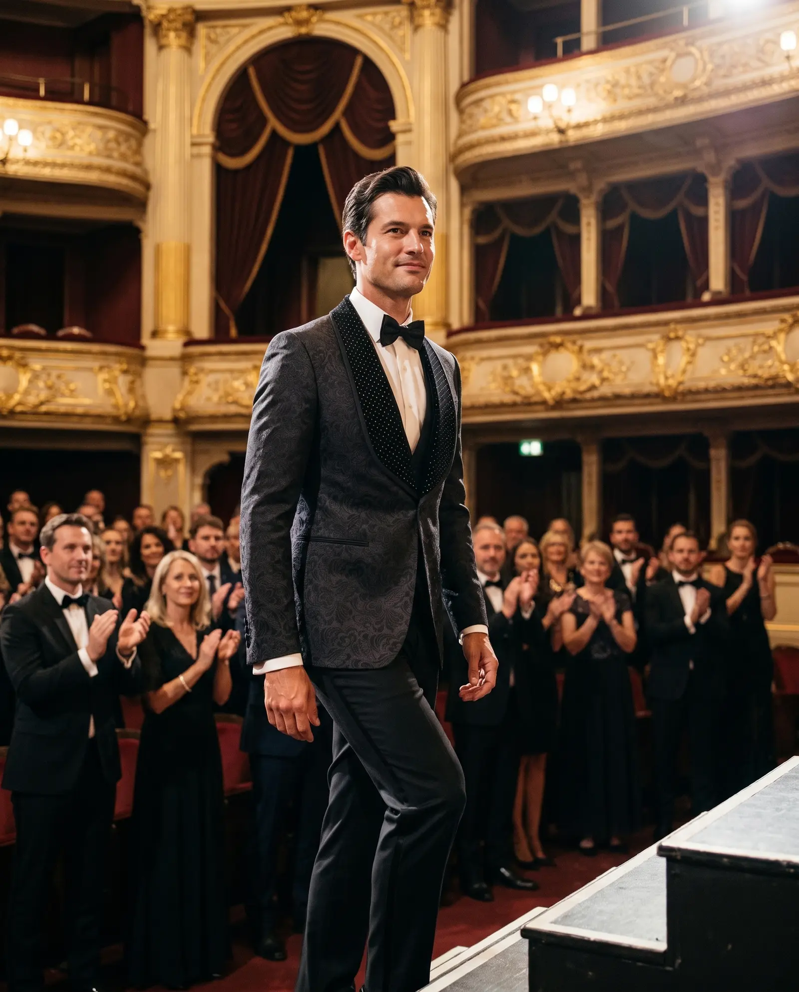 Black jacquard Vesper three piece tuxedo