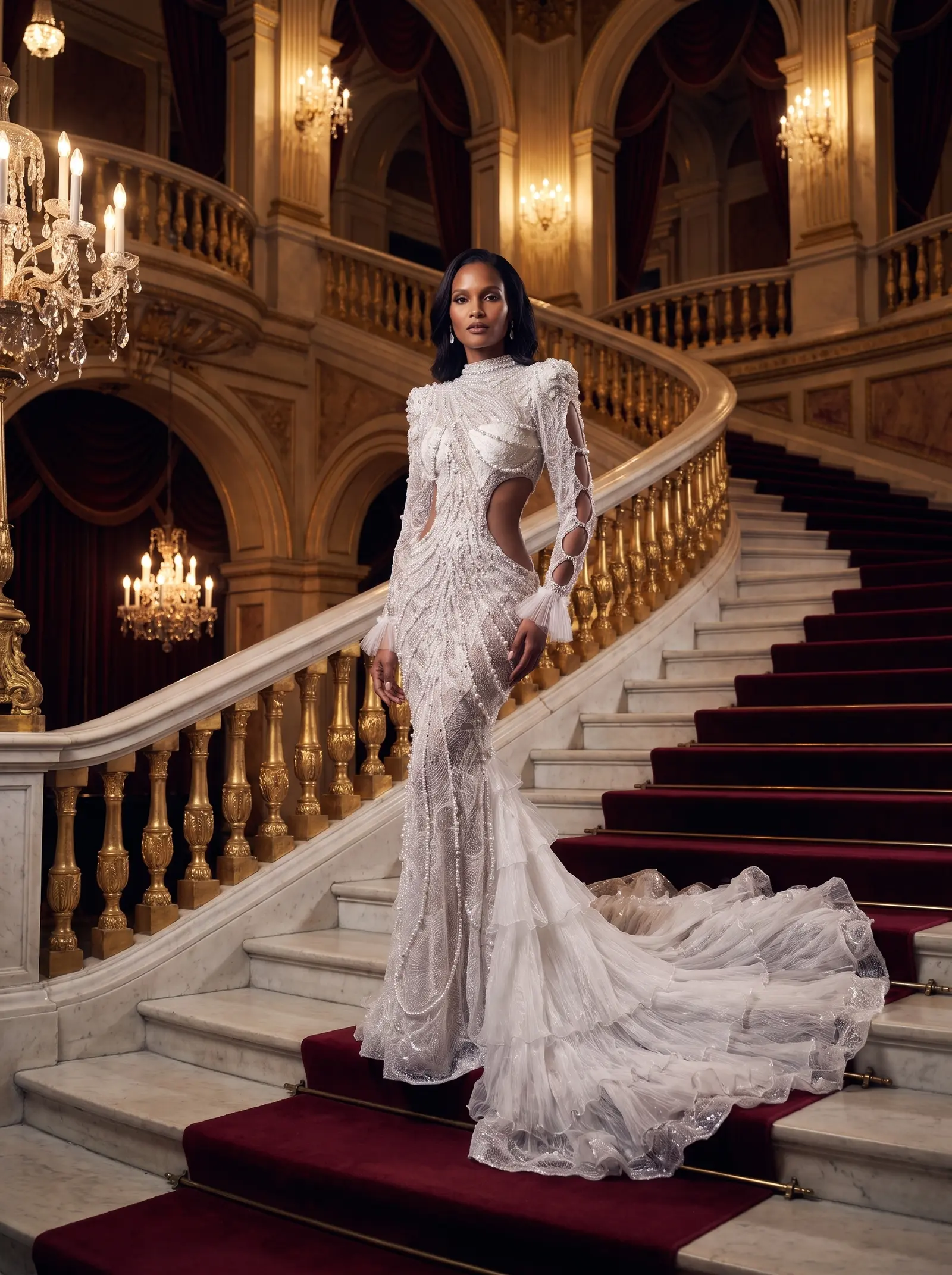Ivory pearl Coronation mermaid gown occasion photograph