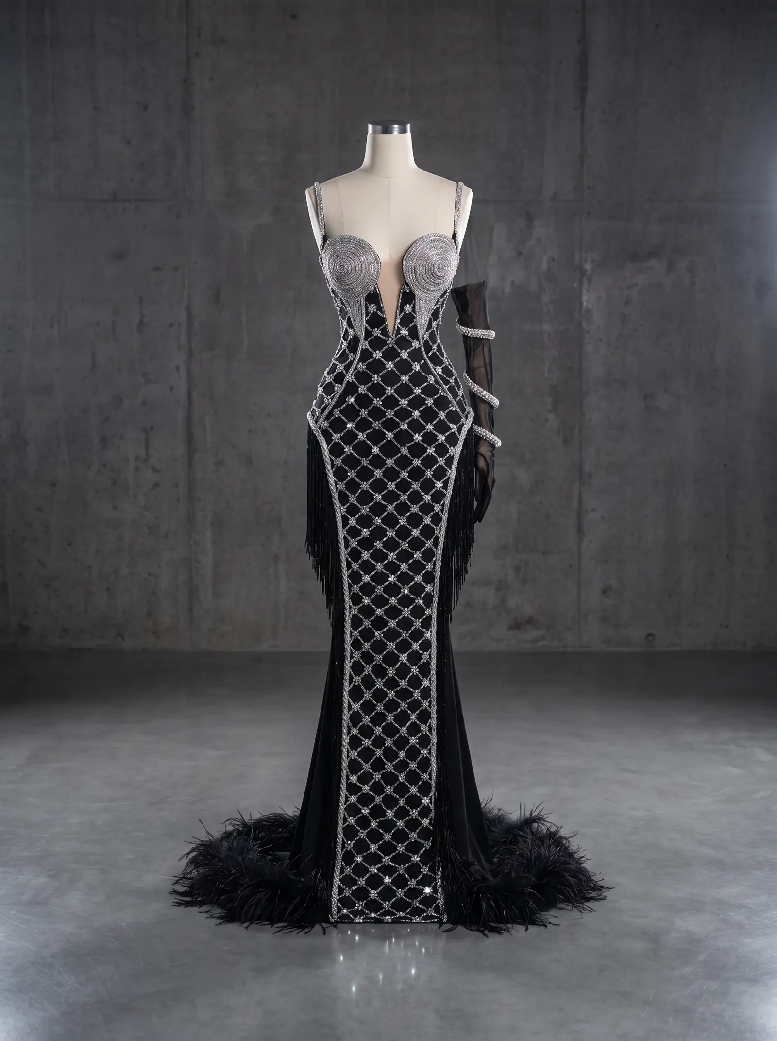 Black and silver Cabaret column gown, mannequin