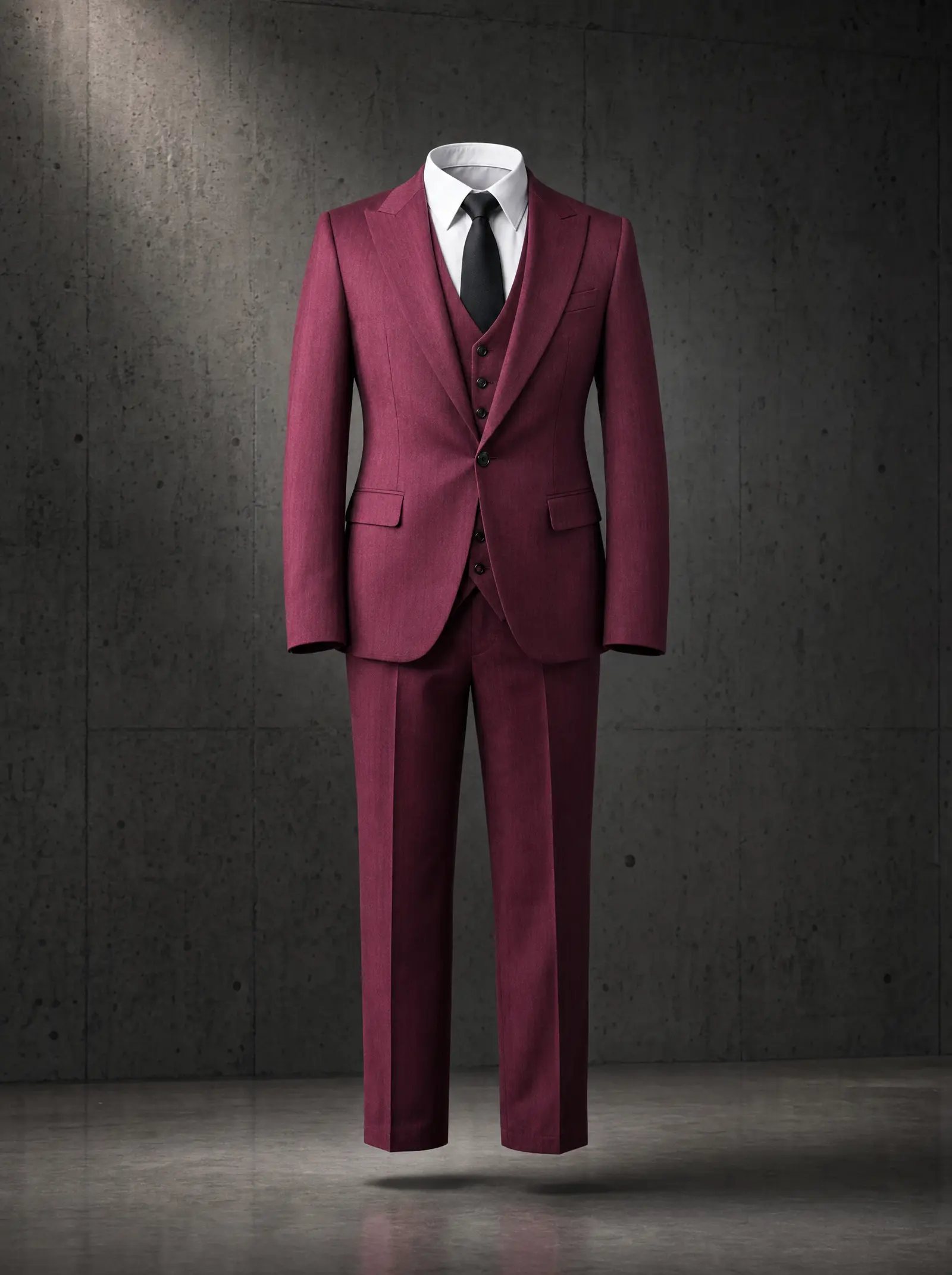 Wine herringbone Covenant three piece suit, ghost