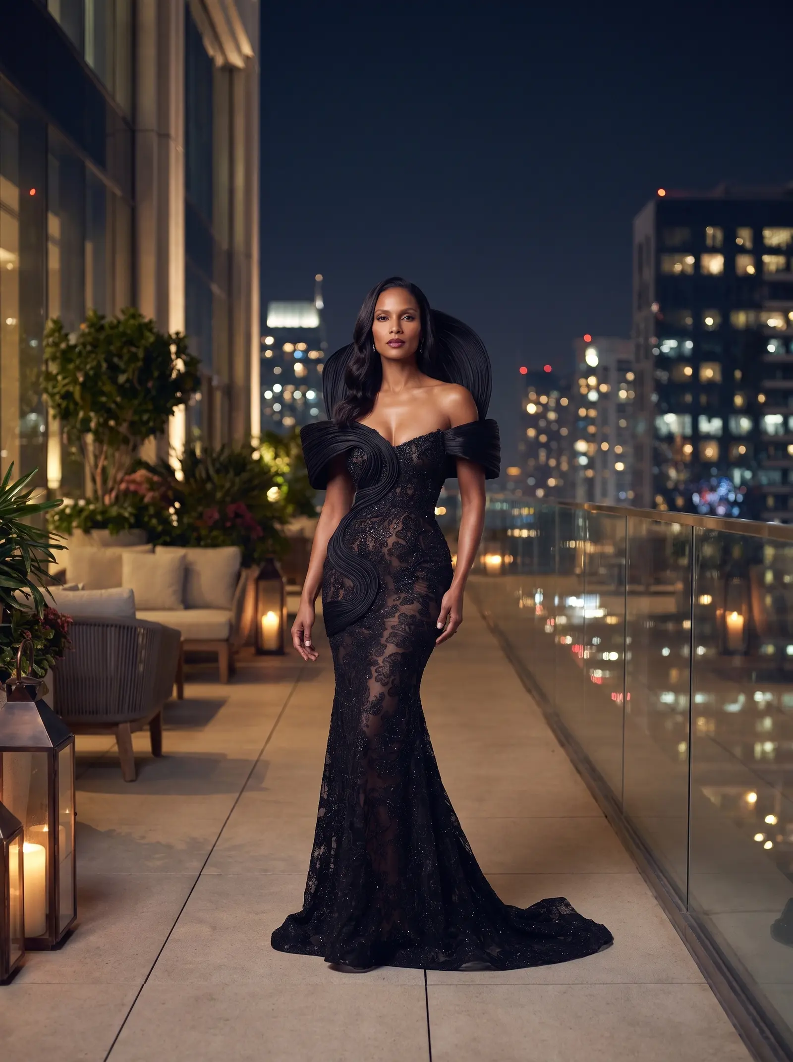 Black lace Halo mermaid gown occasion photograph