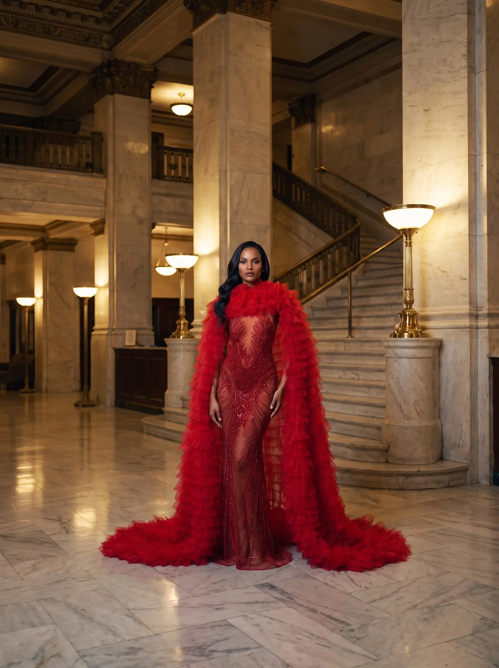 Deep red Ember gown and cape occasion photograph