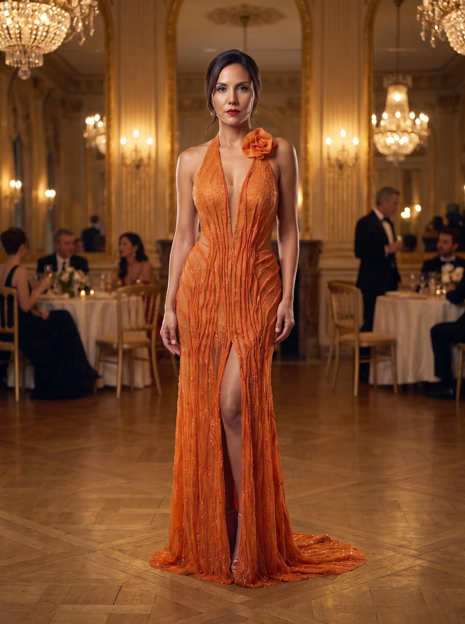 Tangerine Zinnia gown occasion photograph