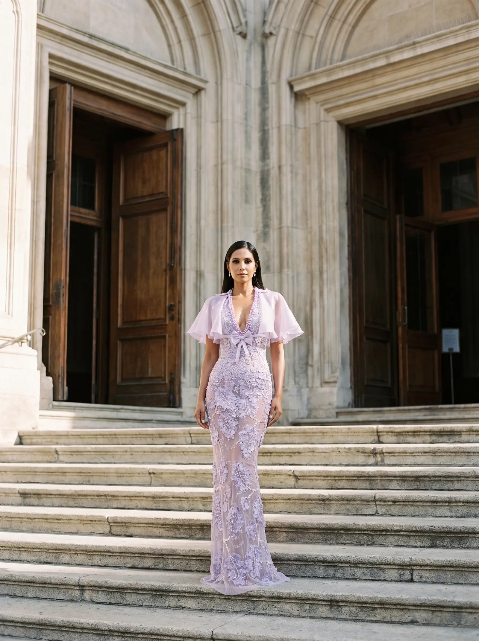 Lavender Sonnet column gown occasion photograph