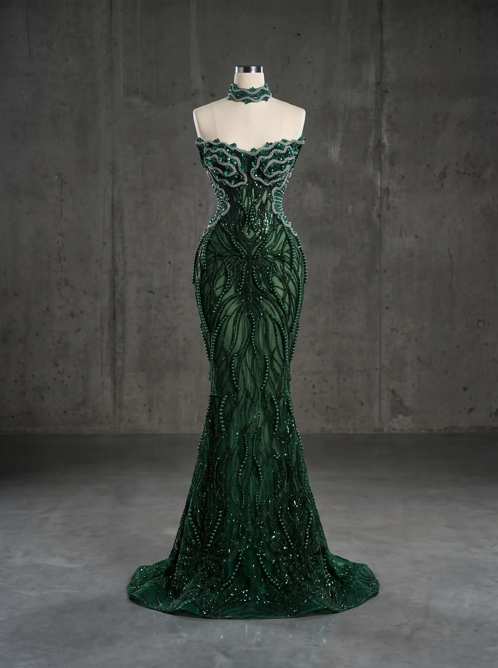 Emerald Ivy mermaid gown, mannequin