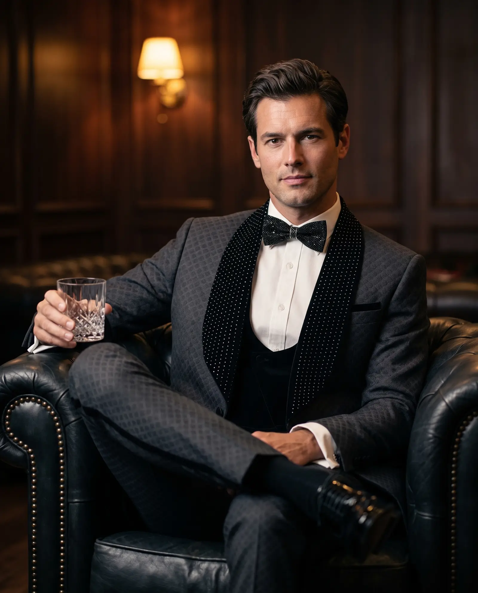 Charcoal quilted Ascot three piece tuxedo occasion photograph