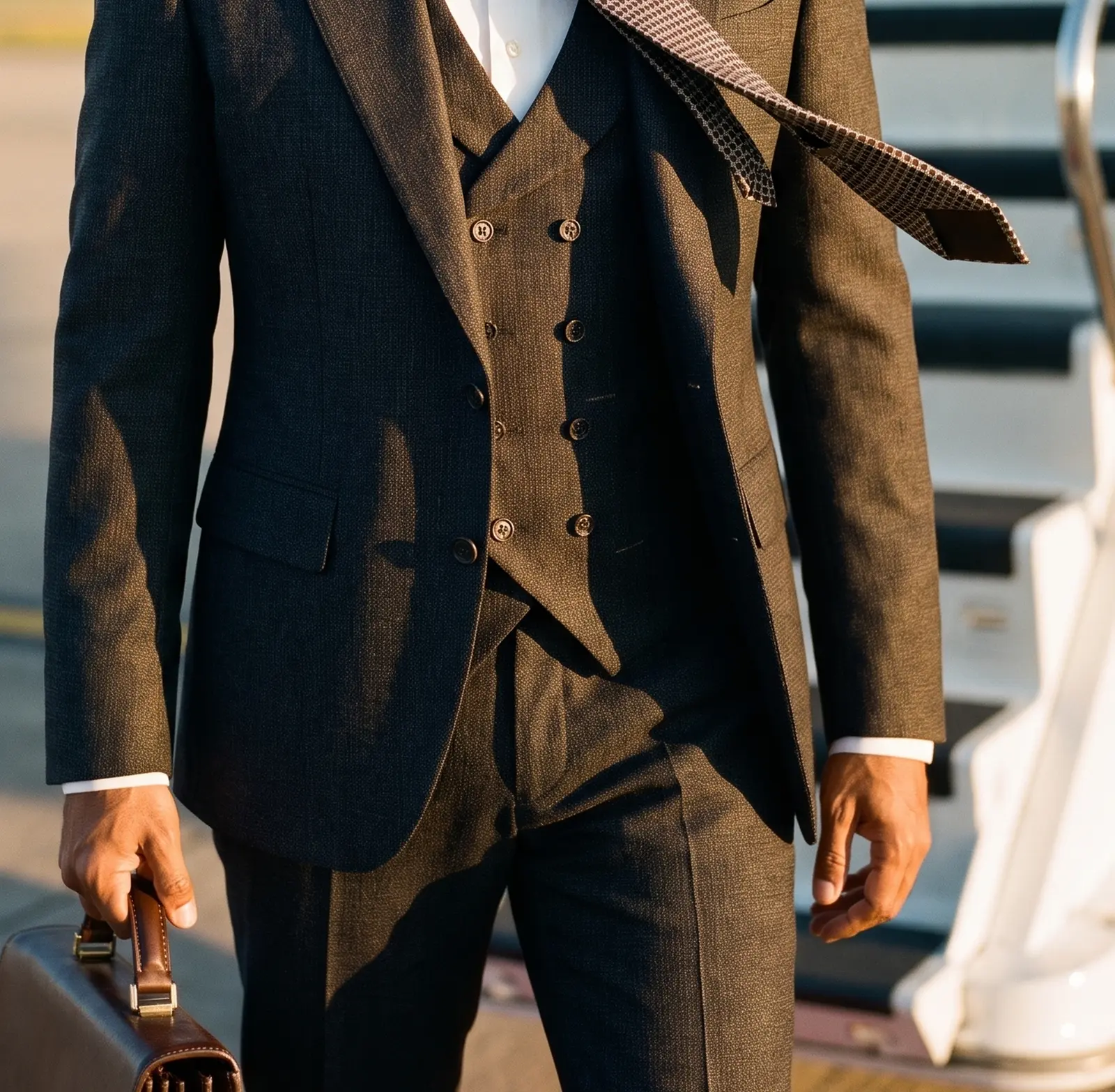 Charcoal micro check Whitehall three piece suit occasion photograph