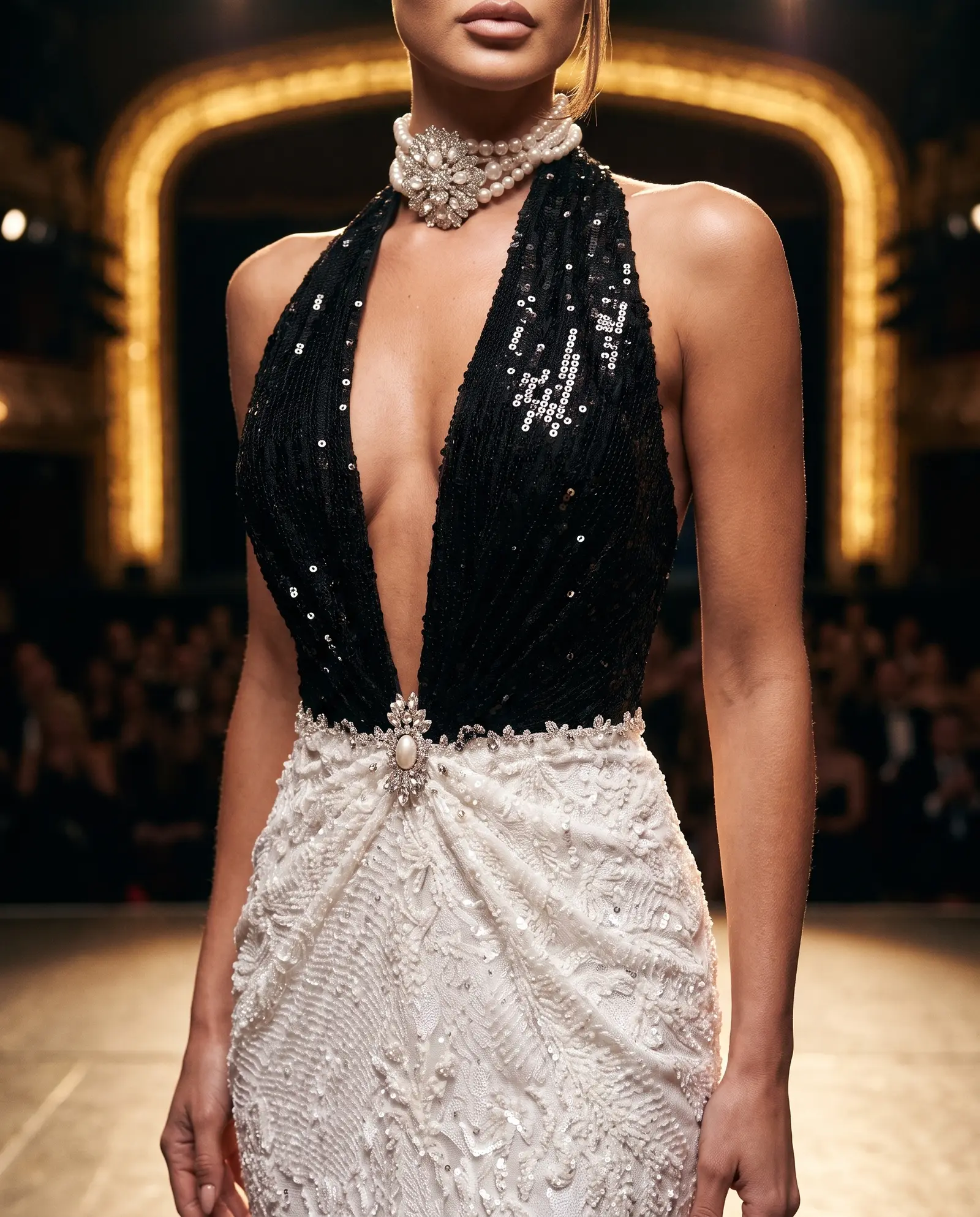 Black and ivory Duchess mermaid gown occasion photograph