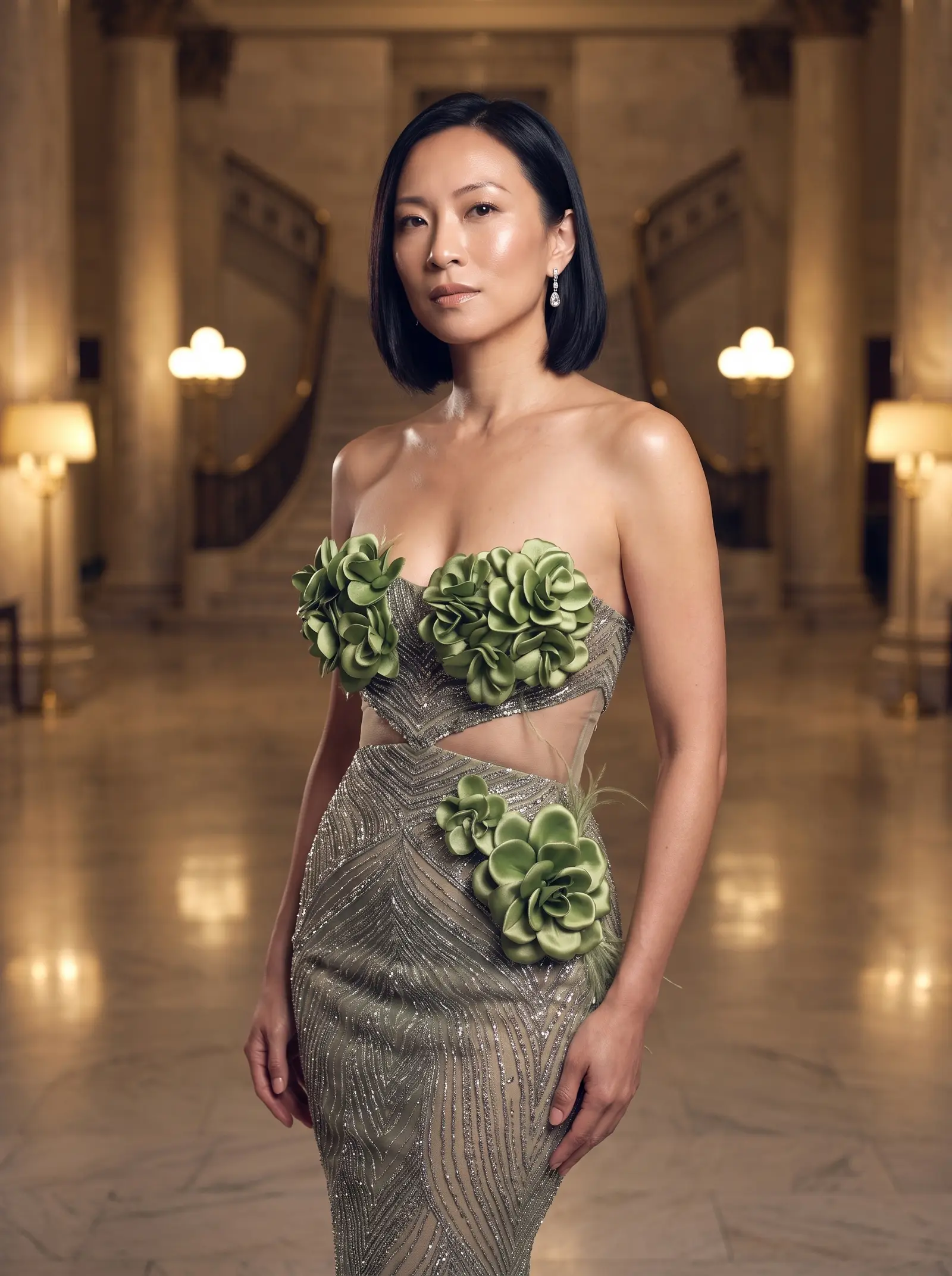 Sage and silver Bloom mermaid gown occasion photograph