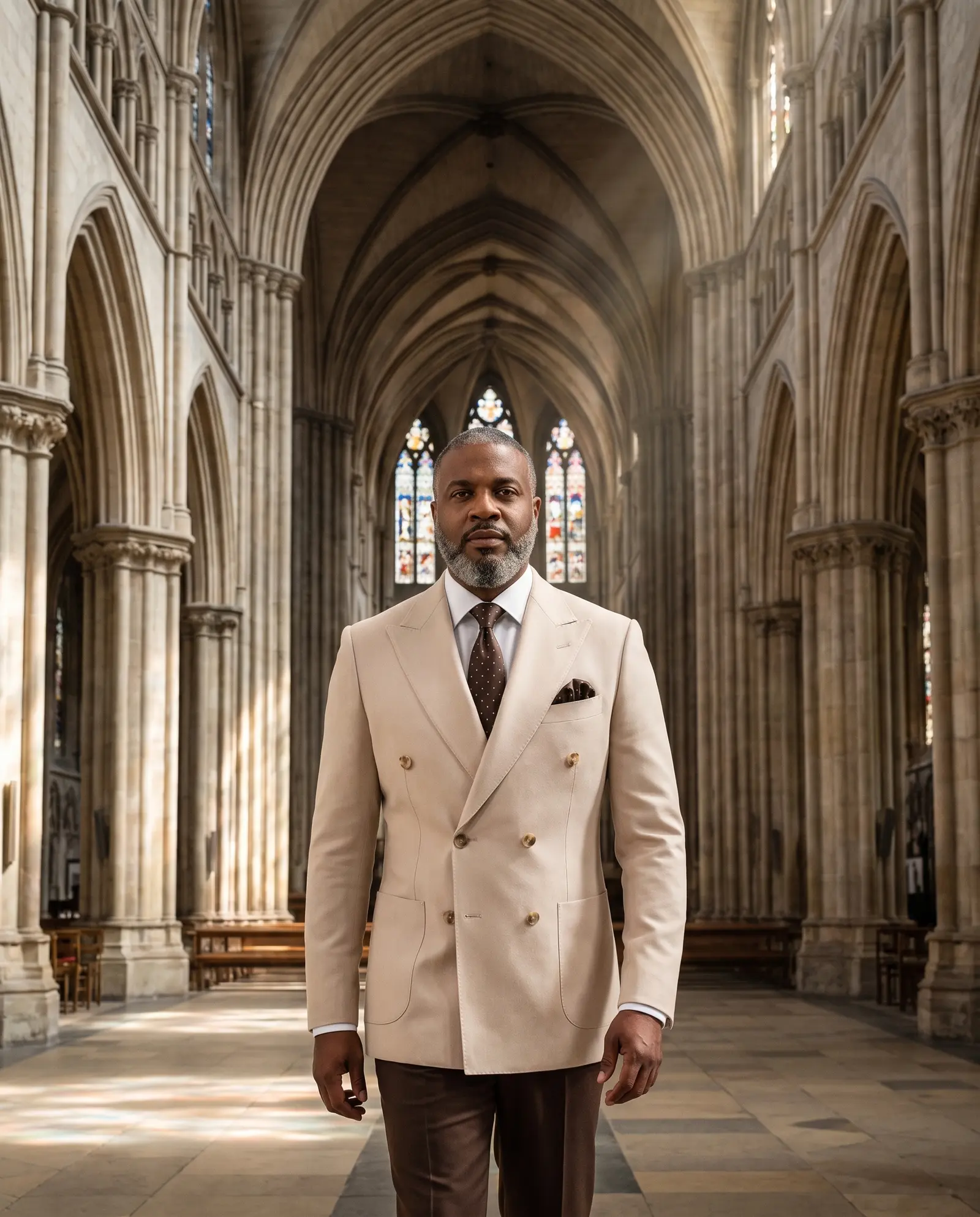 Cream and brown Gilead suit occasion photograph