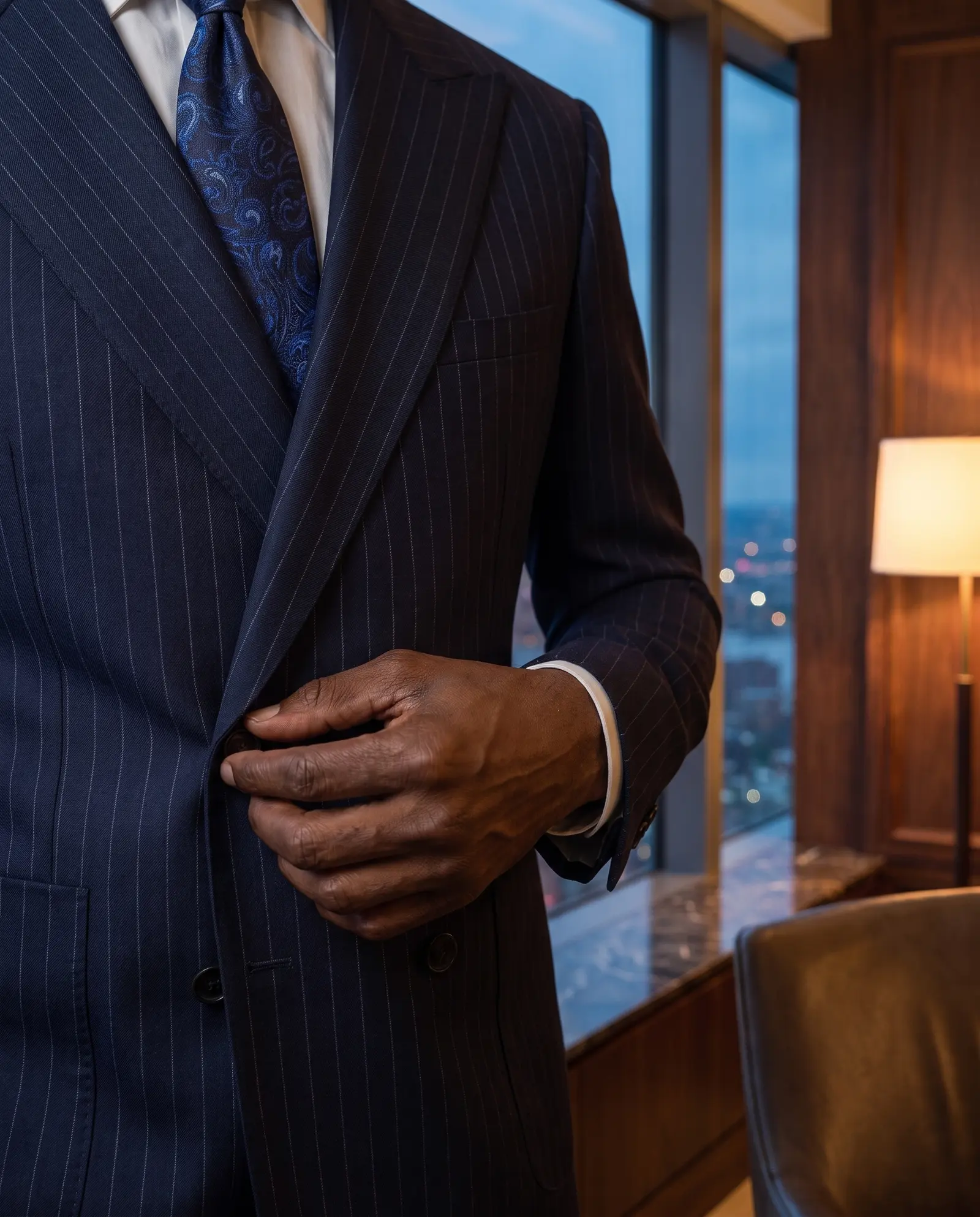 Navy pinstripe Harrington suit occasion photograph