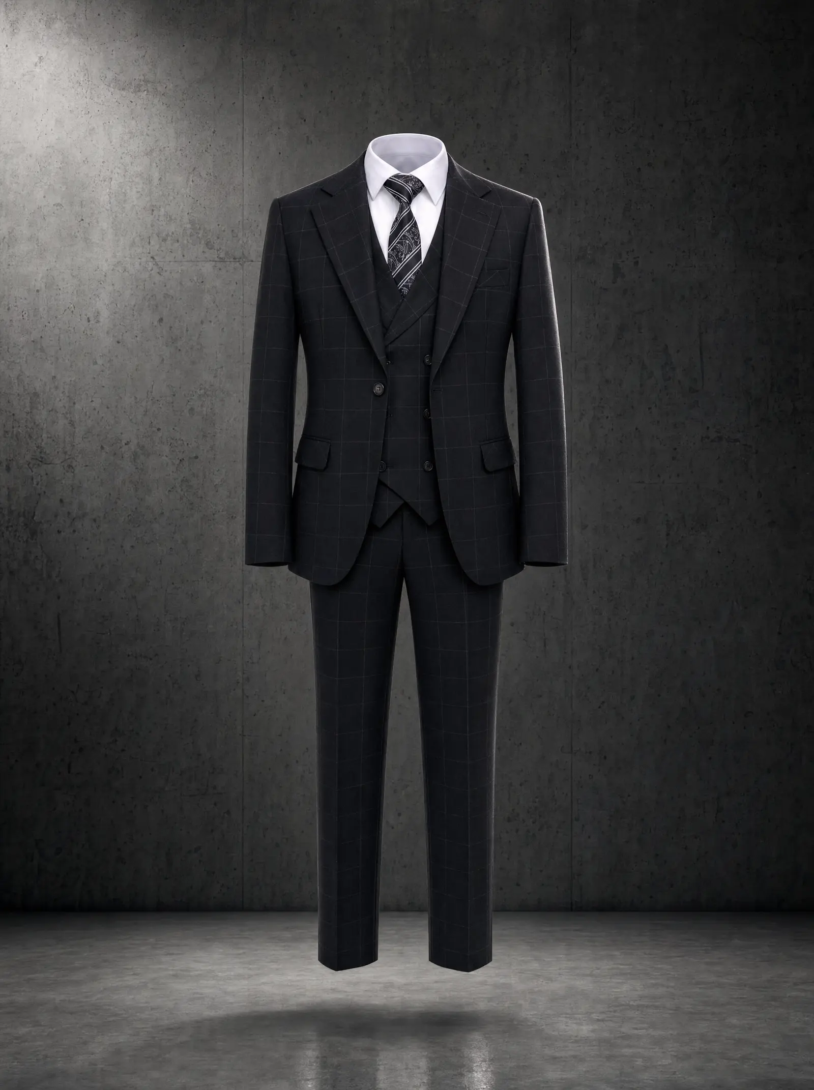 Black windowpane Stratford three piece suit, ghost