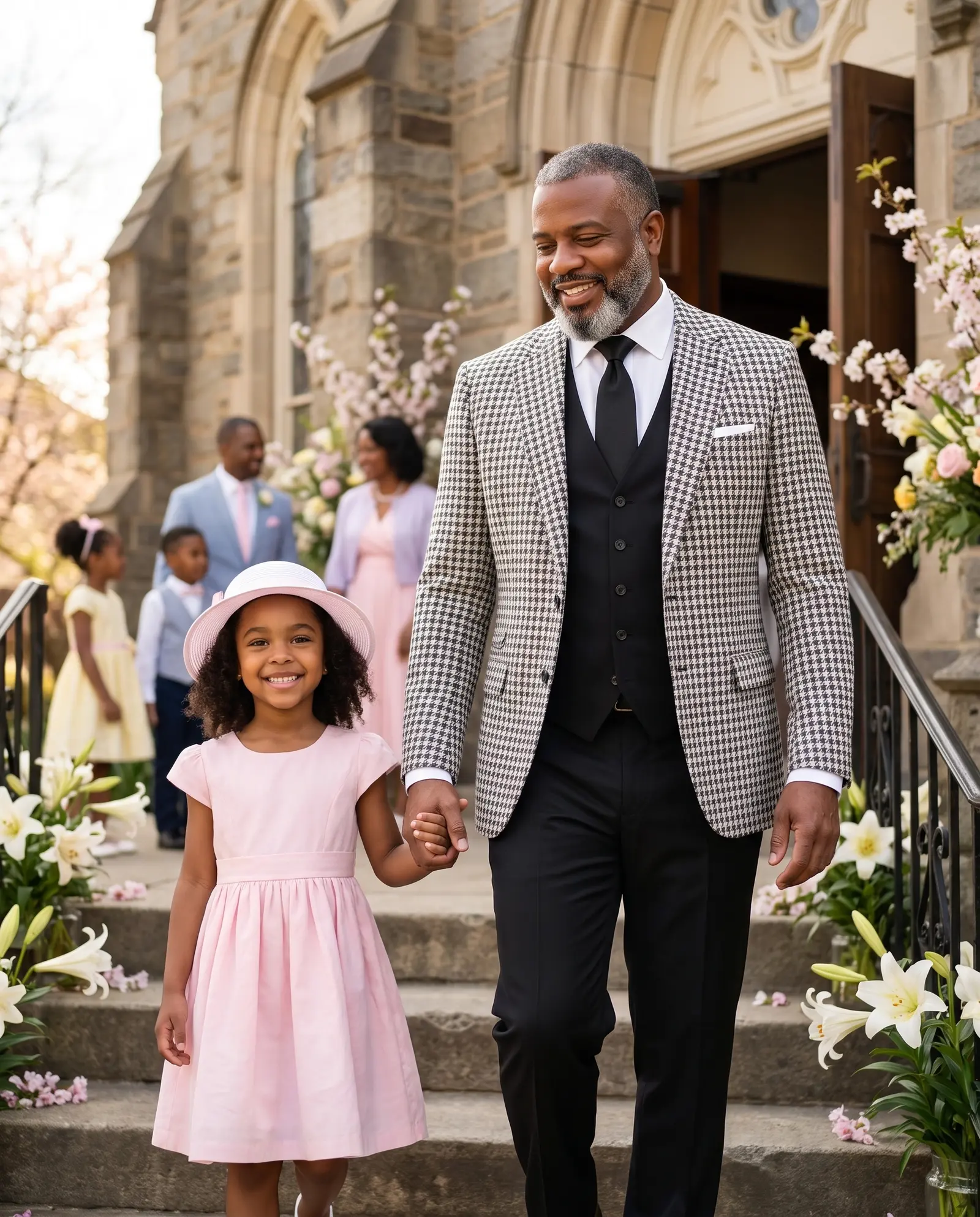 White and black houndstooth Levi three piece suit occasion photograph