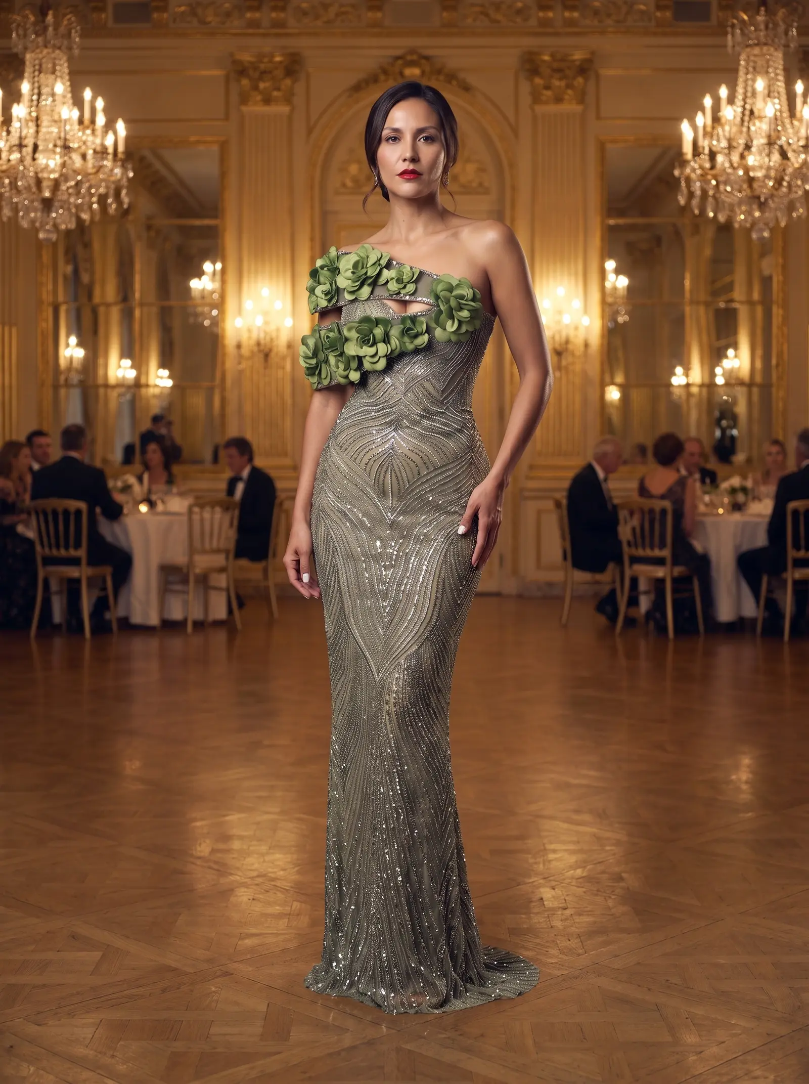 Sage and silver Trellis column gown occasion photograph