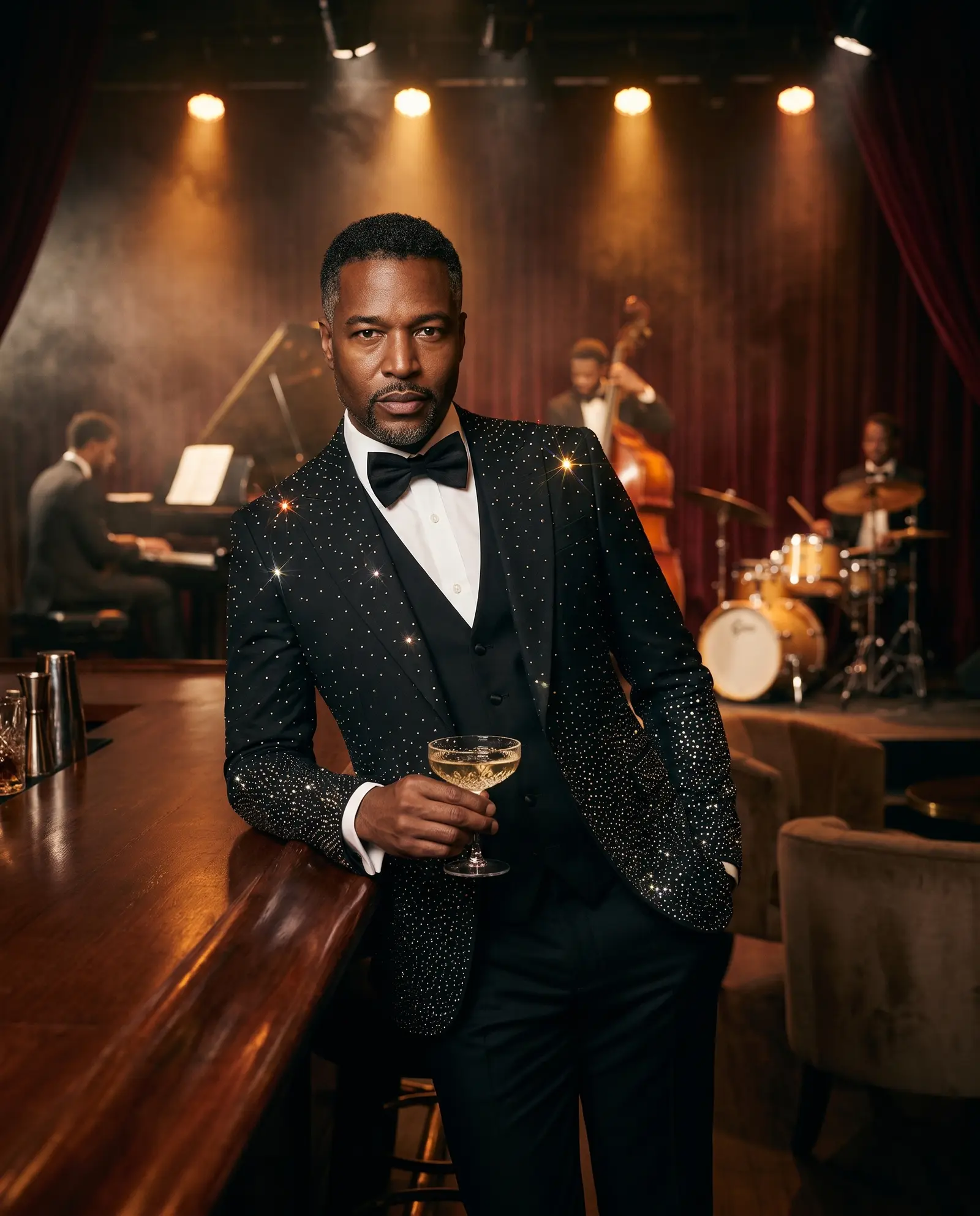 Black crystal Stellan three piece tuxedo occasion photograph