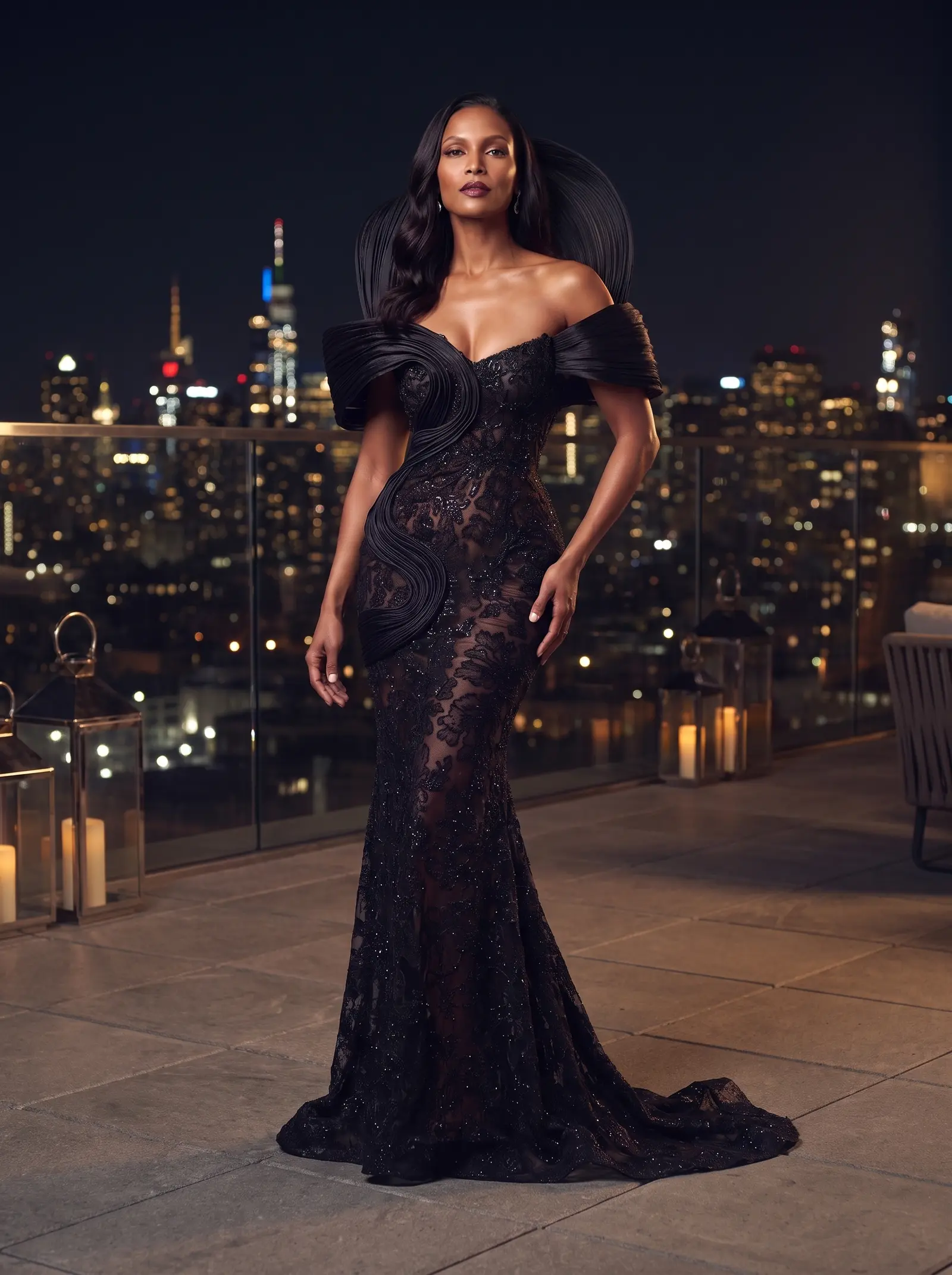Black lace Halo mermaid gown occasion photograph