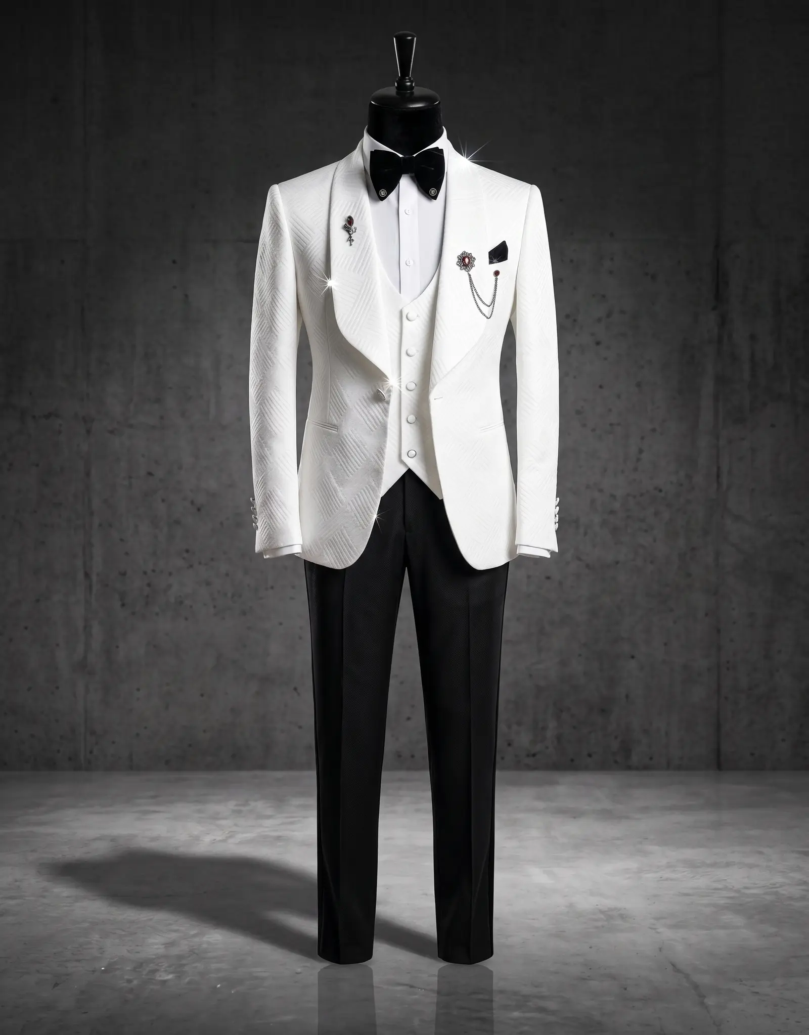 White geometric jacquard Cortona three piece tuxedo