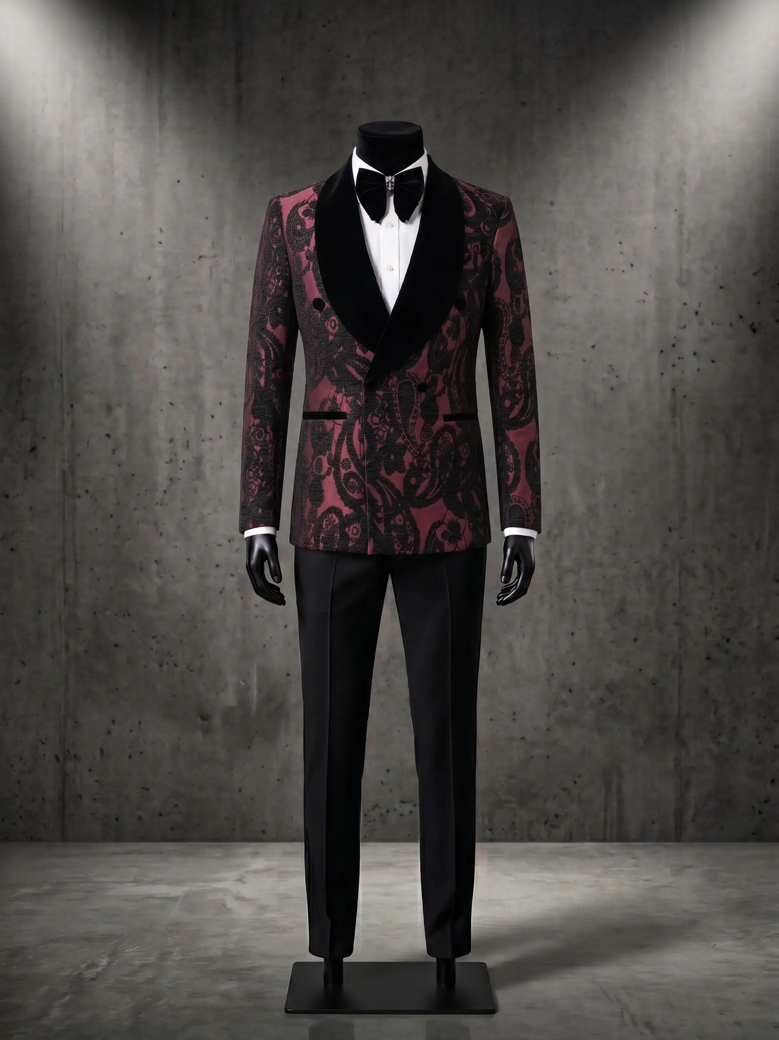 Wine paisley jacquard Medici three piece tuxedo