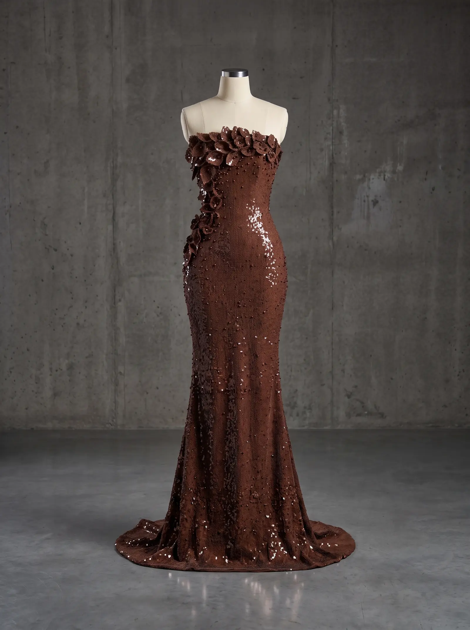 Chocolate Cascade column gown, mannequin