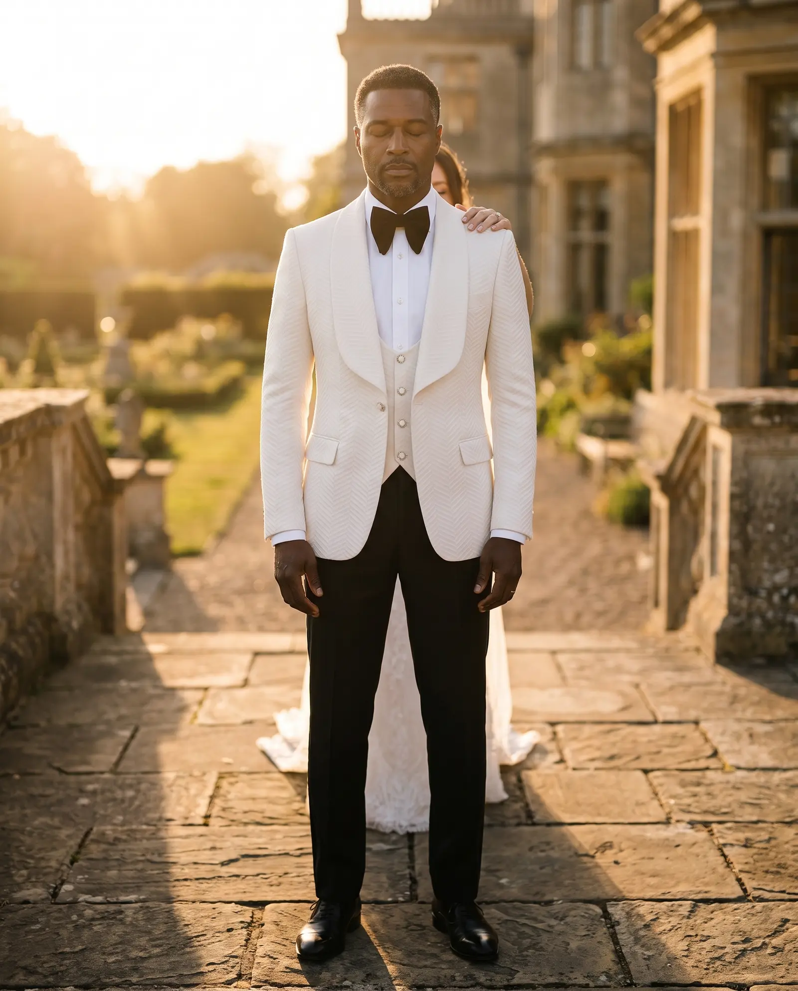 White chevron Stresa three piece tuxedo occasion photograph