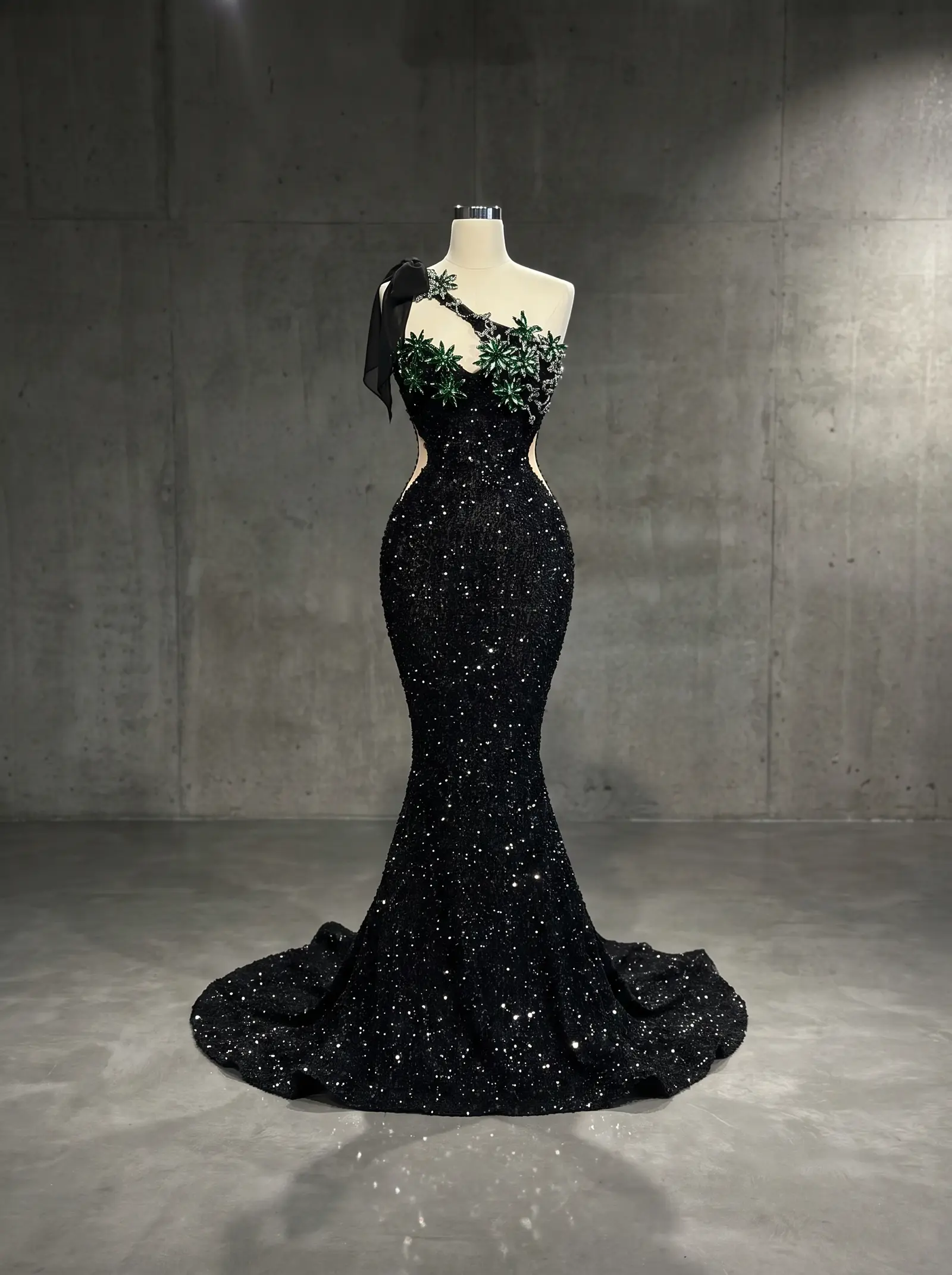 Black and emerald Garland mermaid gown, mannequin