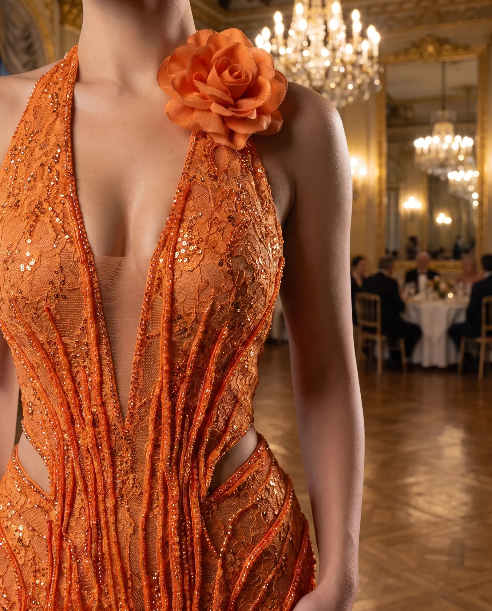 Tangerine Zinnia gown occasion photograph