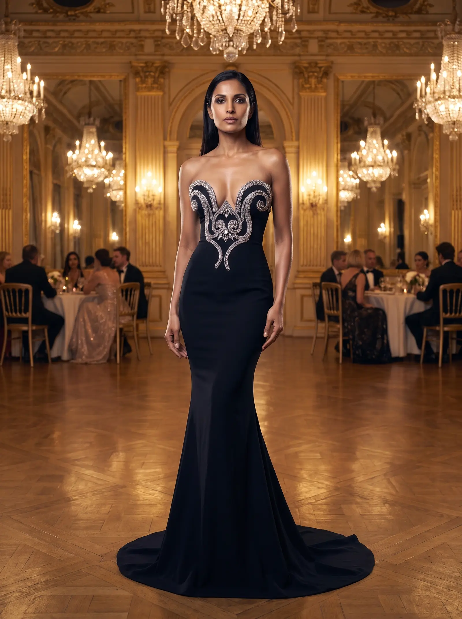 Black Filigree mermaid gown occasion photograph