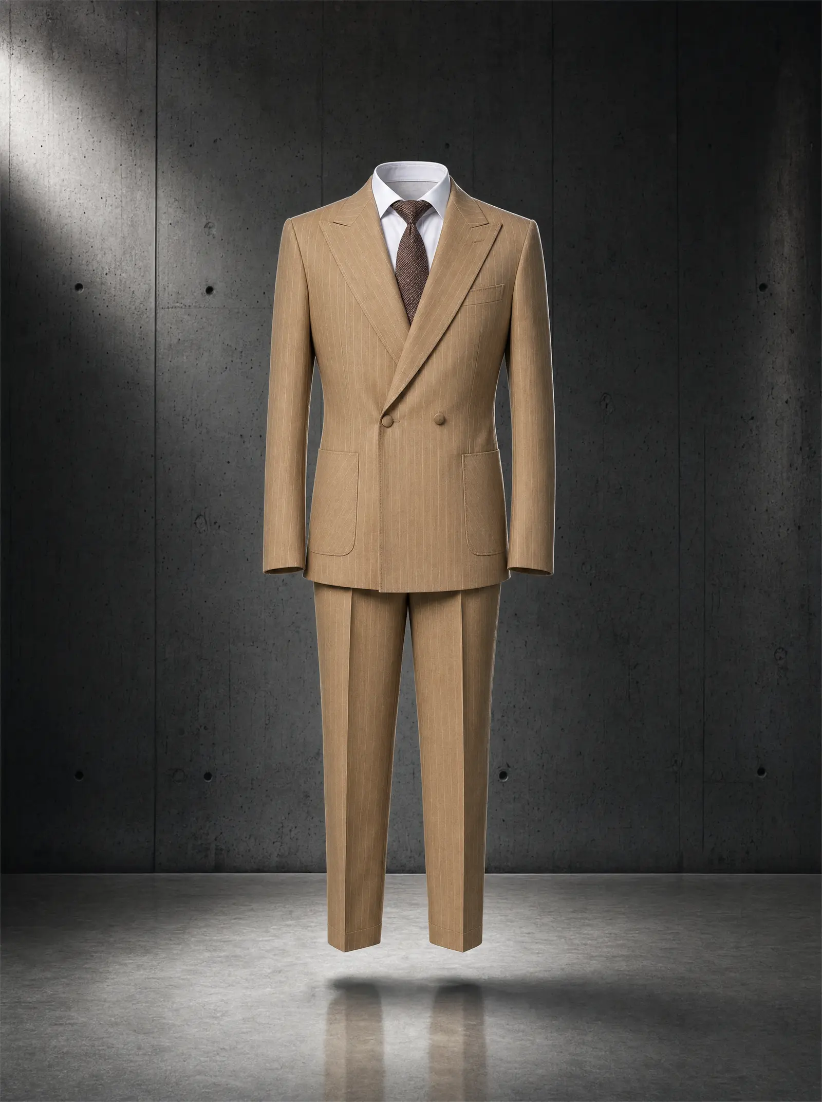 Tan pinstripe Hermon suit, ghost