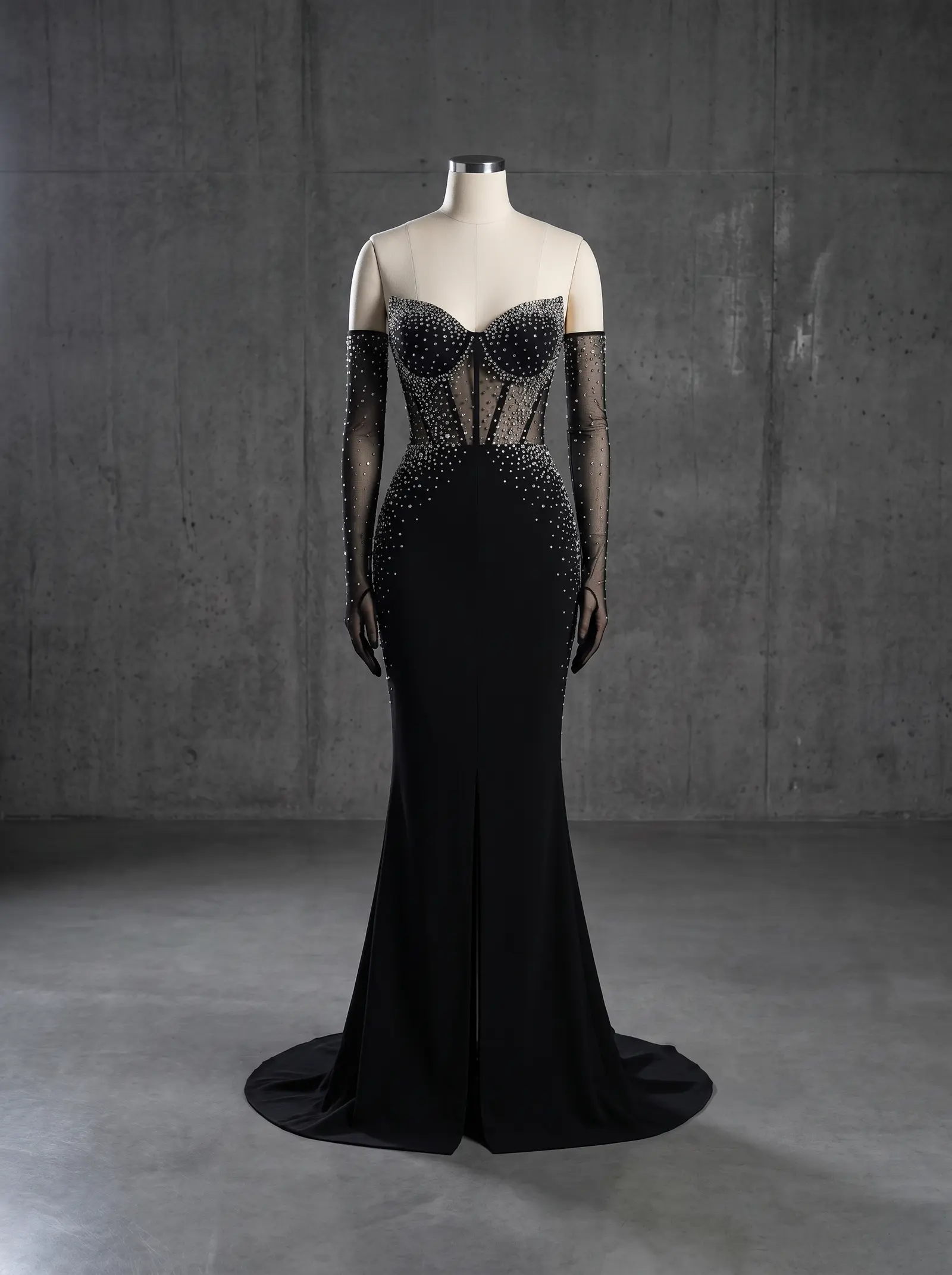 Black Stardust column gown, mannequin