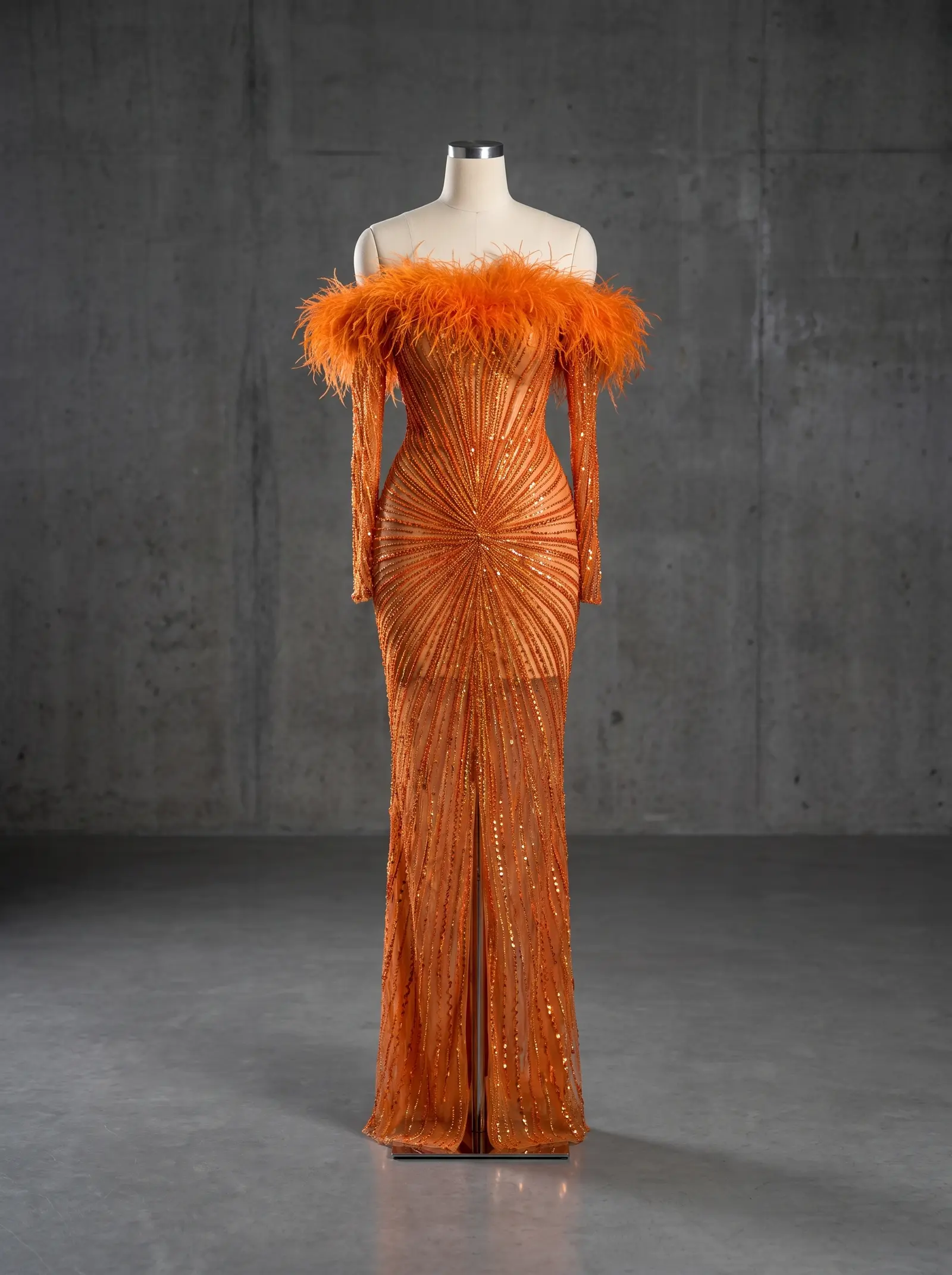Burnt orange Blaze column gown, mannequin
