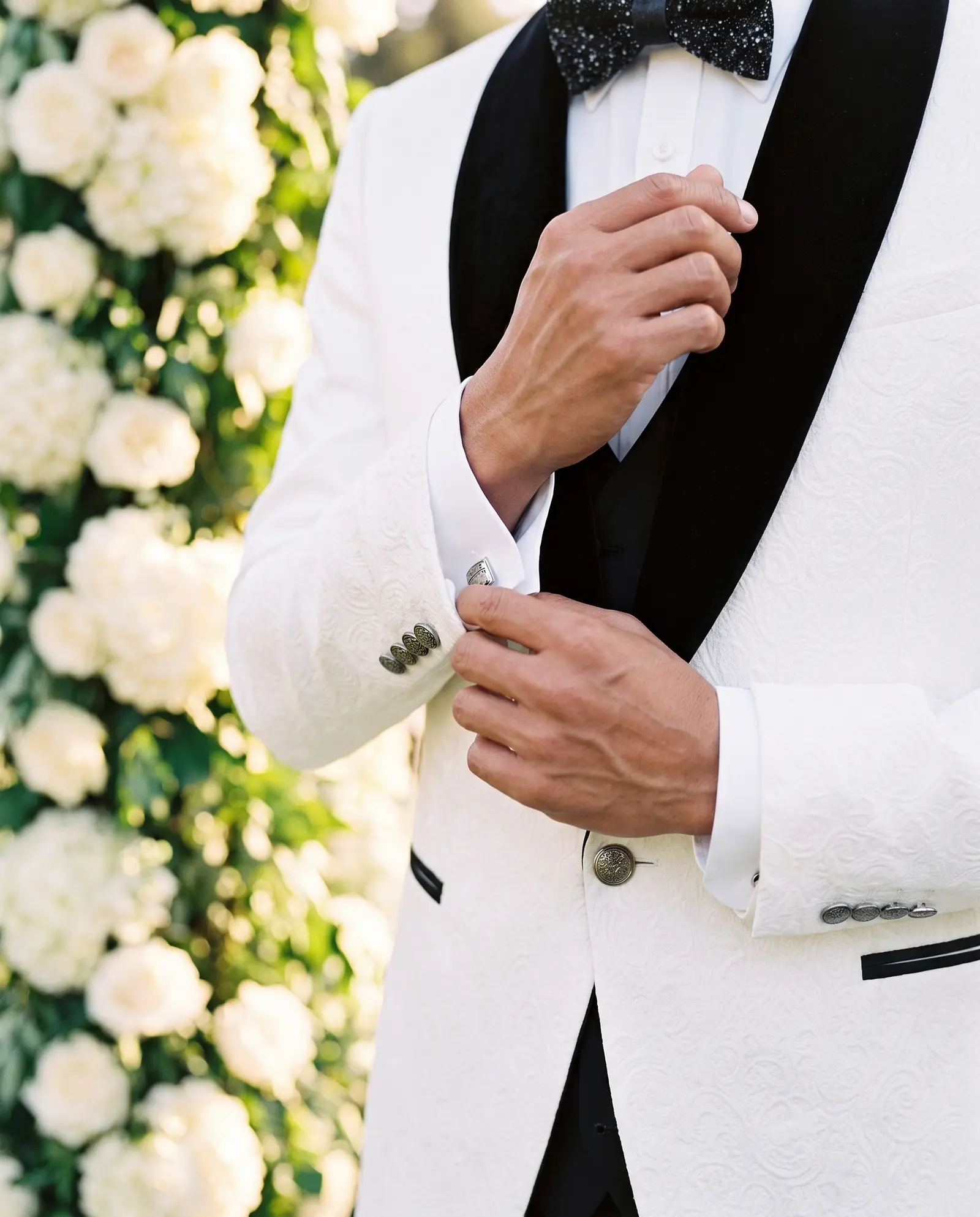 White jacquard Taormina three piece tuxedo occasion photograph