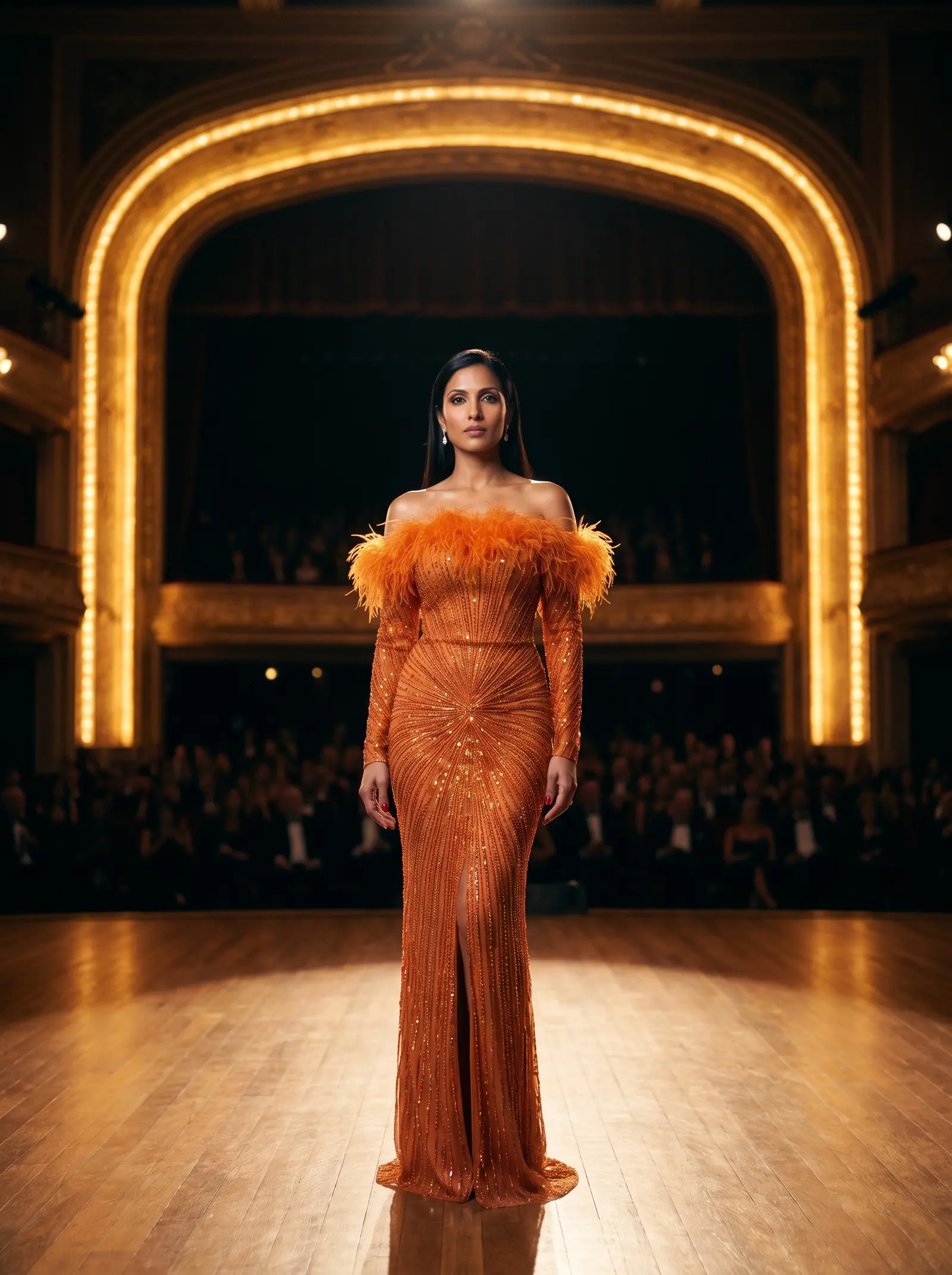Burnt orange Blaze column gown occasion photograph