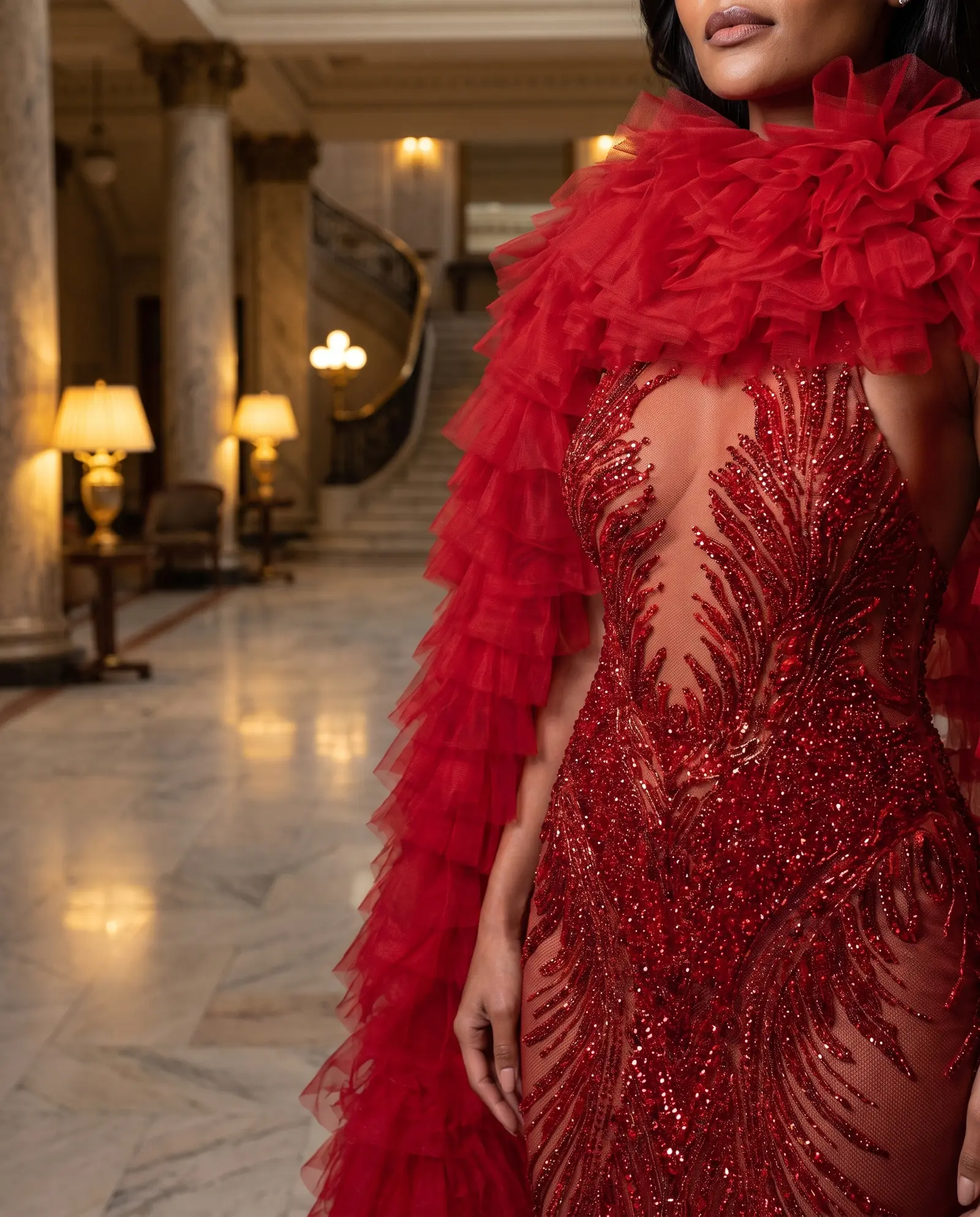 Deep red Ember gown and cape occasion photograph