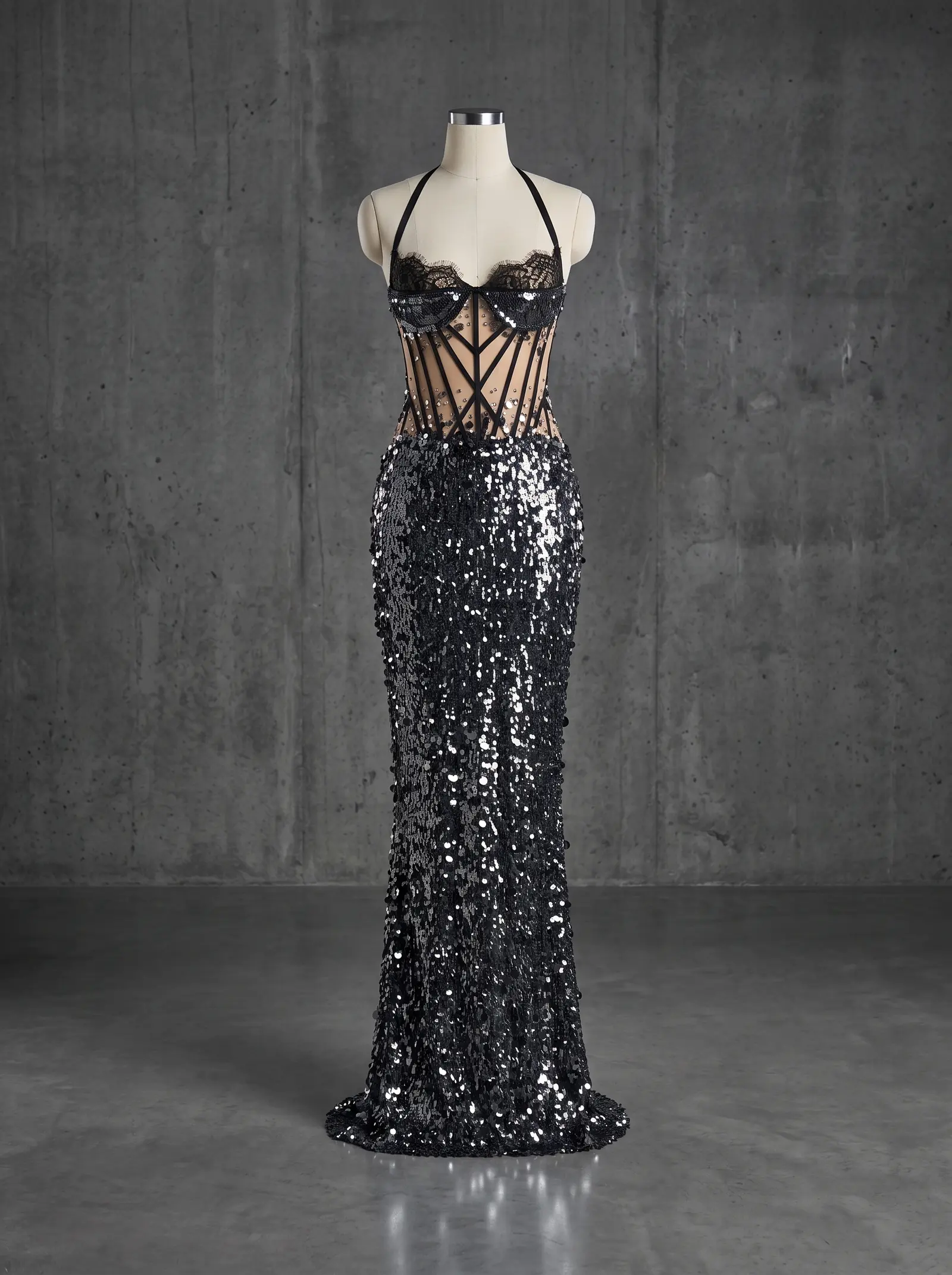 Black and gunmetal Obsidian column gown, mannequin