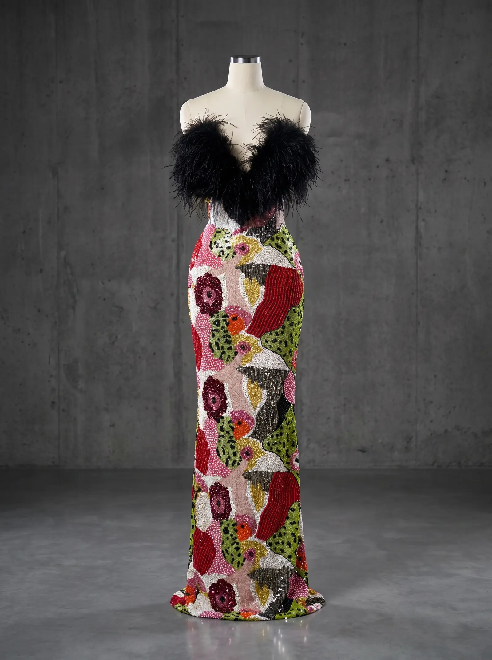 Mosaic Plumage column gown, mannequin