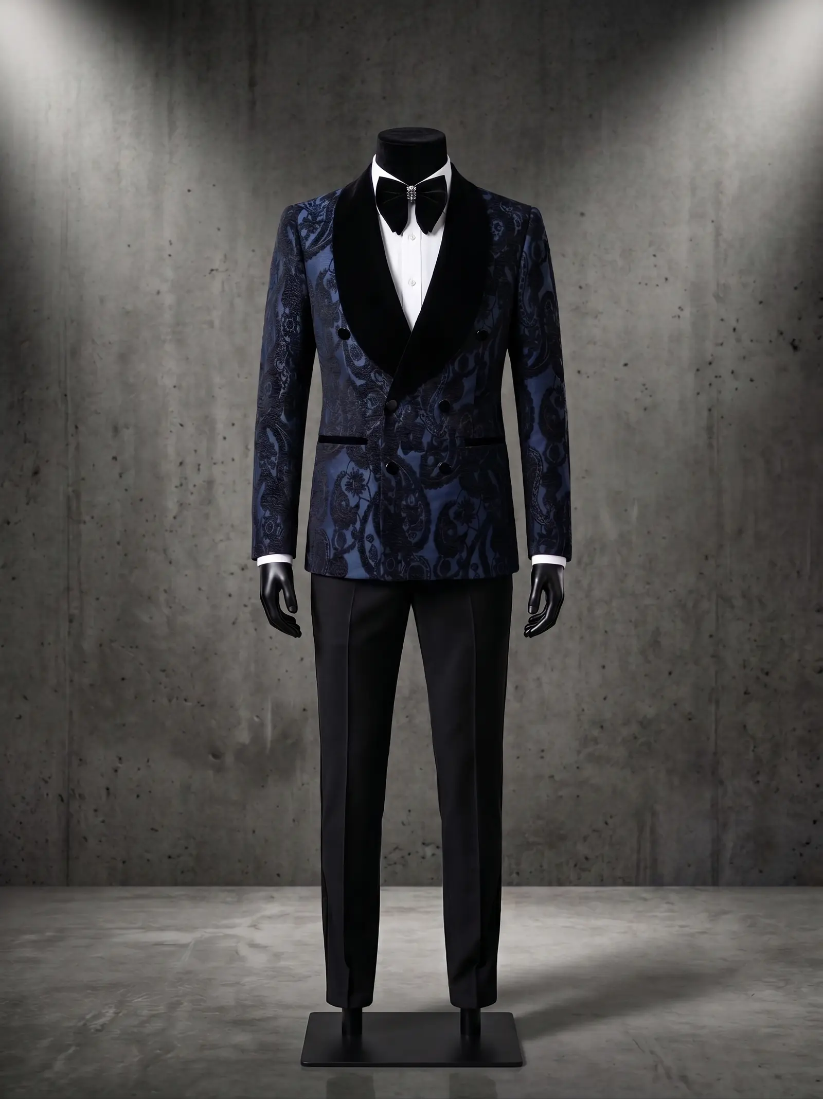 Navy paisley jacquard Medici three piece tuxedo