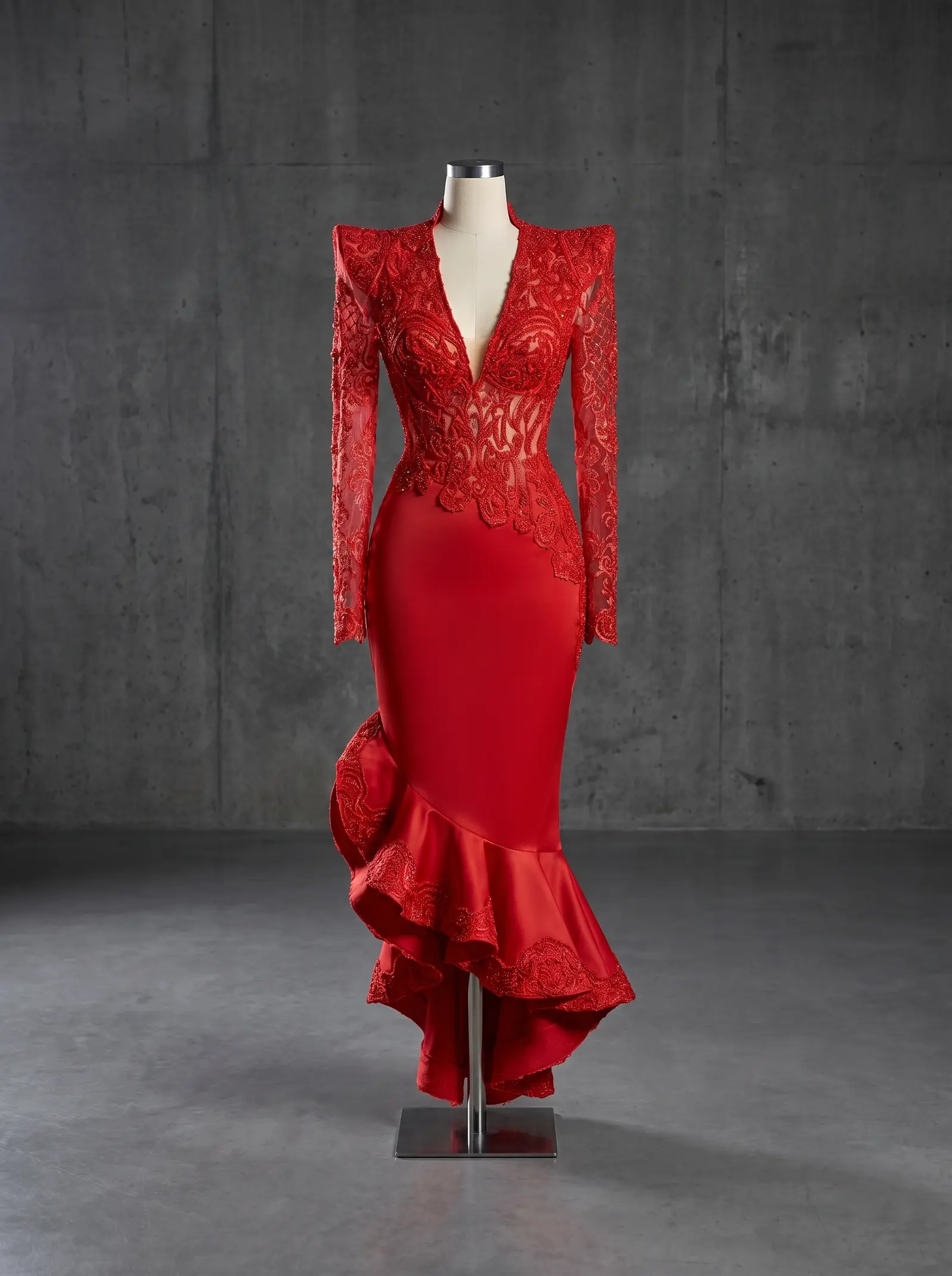 Scarlet Soirée midi gown, mannequin
