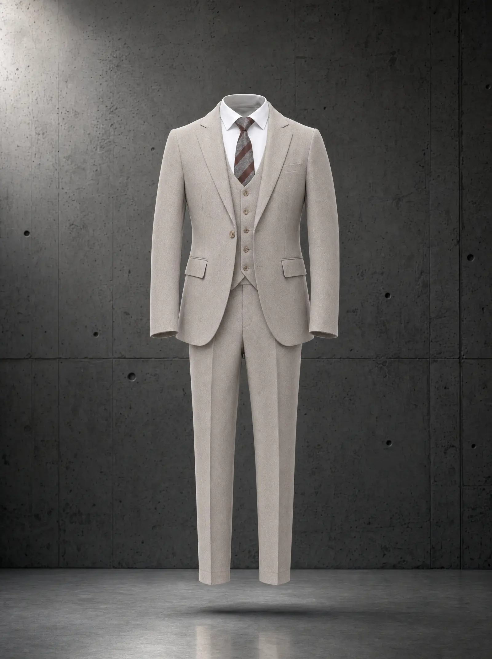 Khaki Goshen three piece suit, ghost