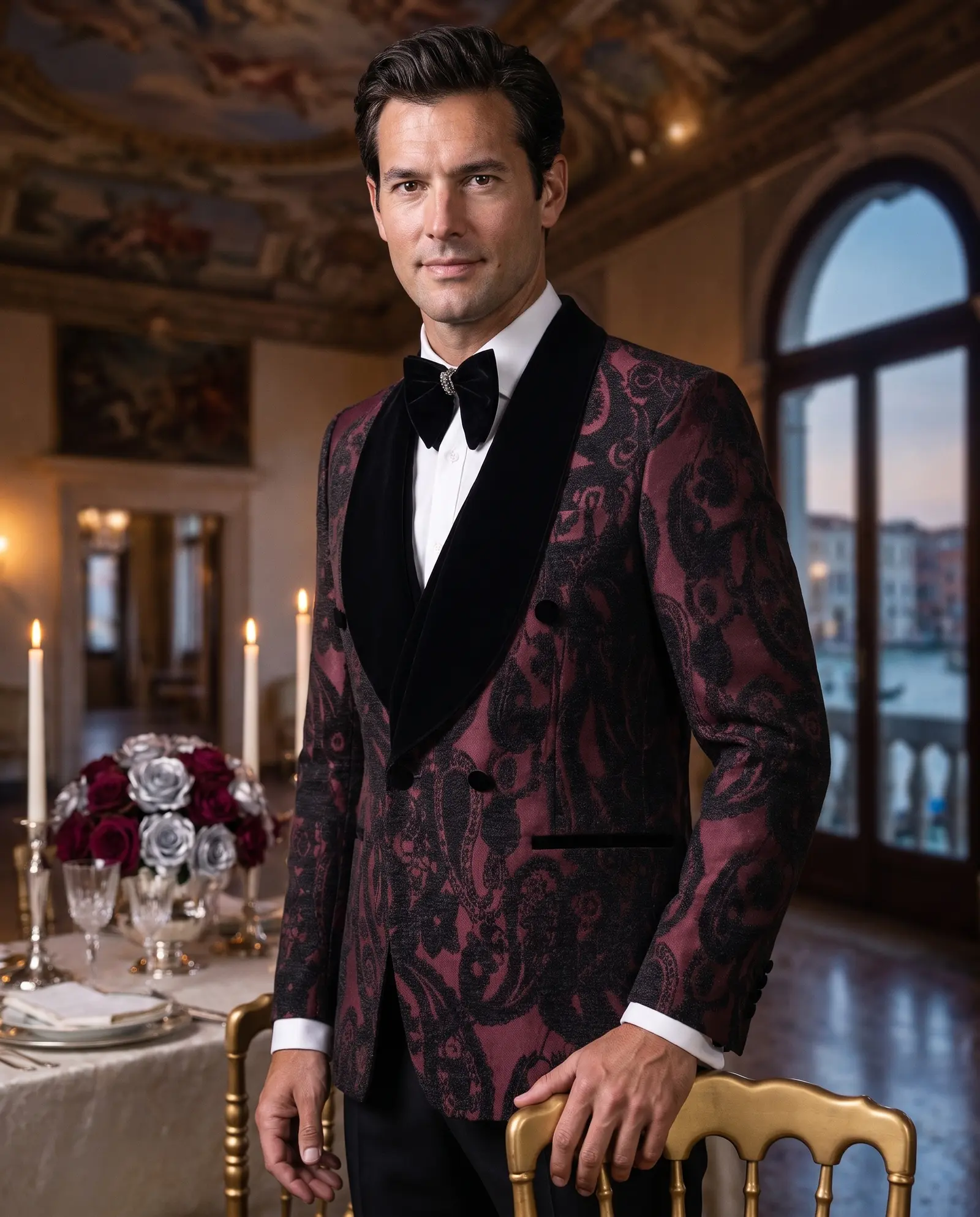Wine paisley jacquard Medici three piece tuxedo occasion photograph