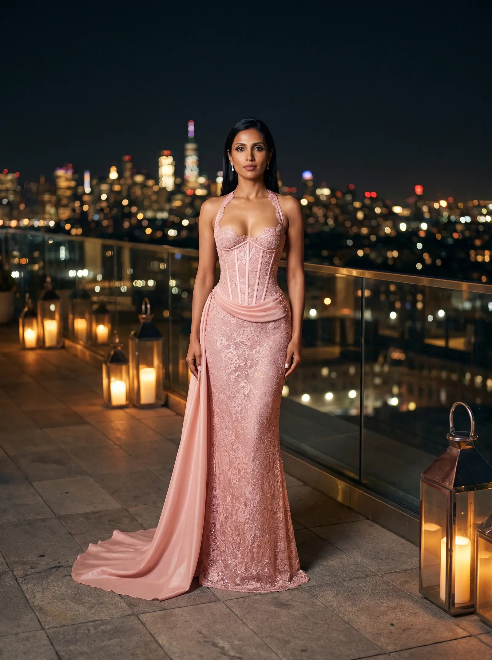Blush lace Ribbon column gown occasion photograph