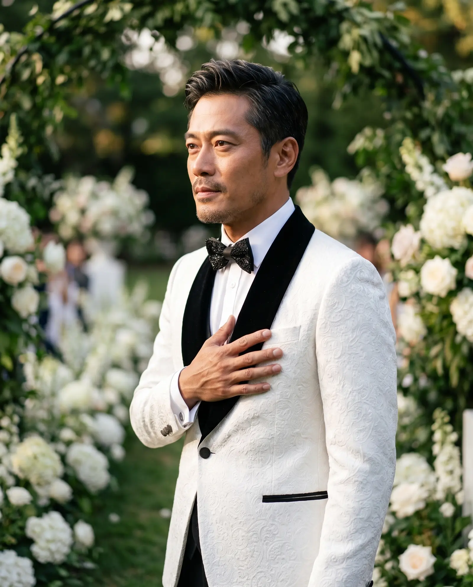 White jacquard Taormina three piece tuxedo occasion photograph
