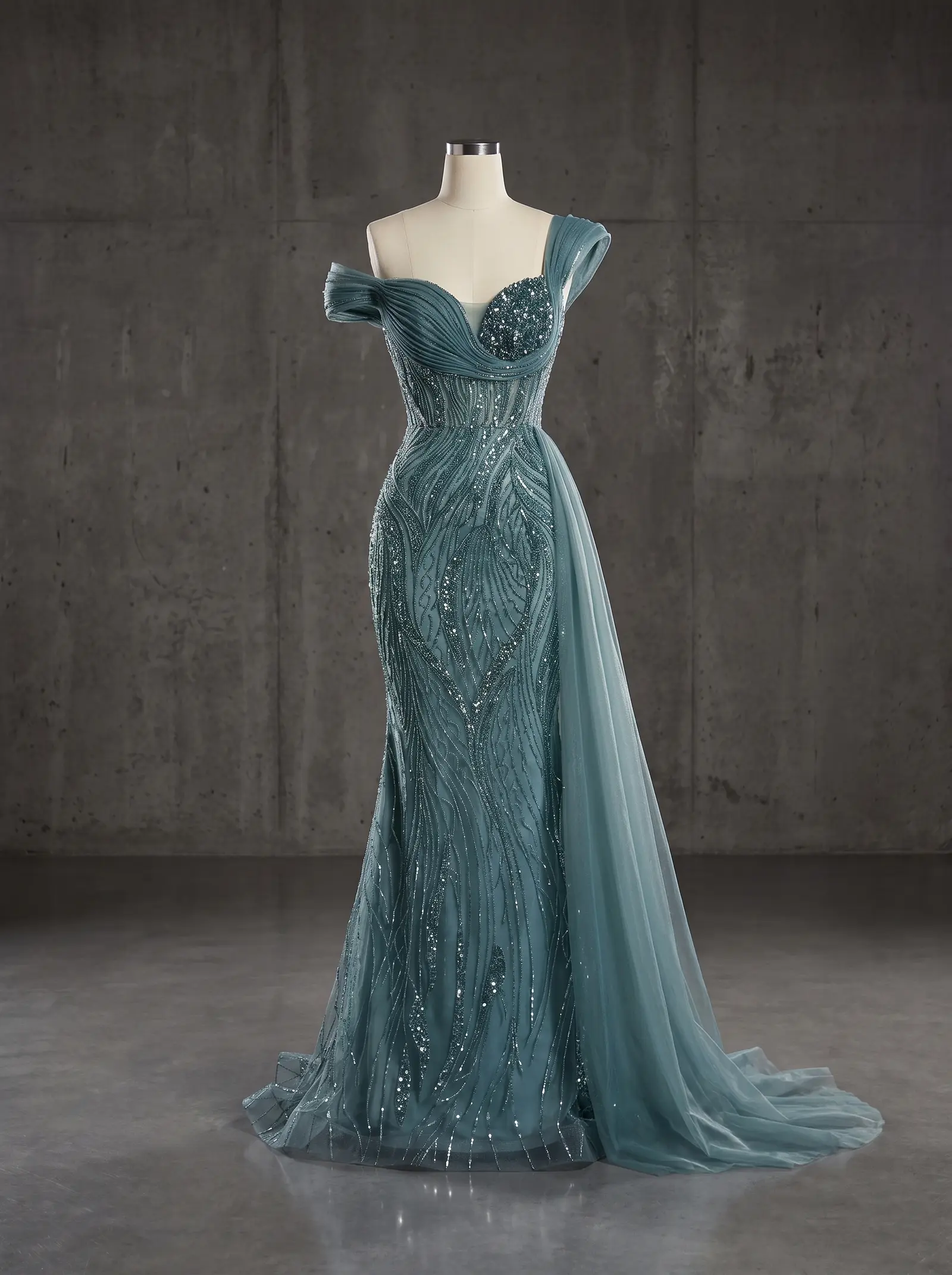 Teal Lagoon mermaid gown, mannequin