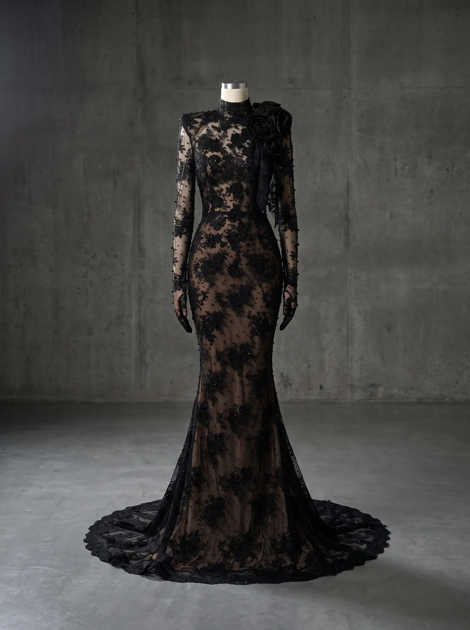 Black lace Noir mermaid gown, mannequin