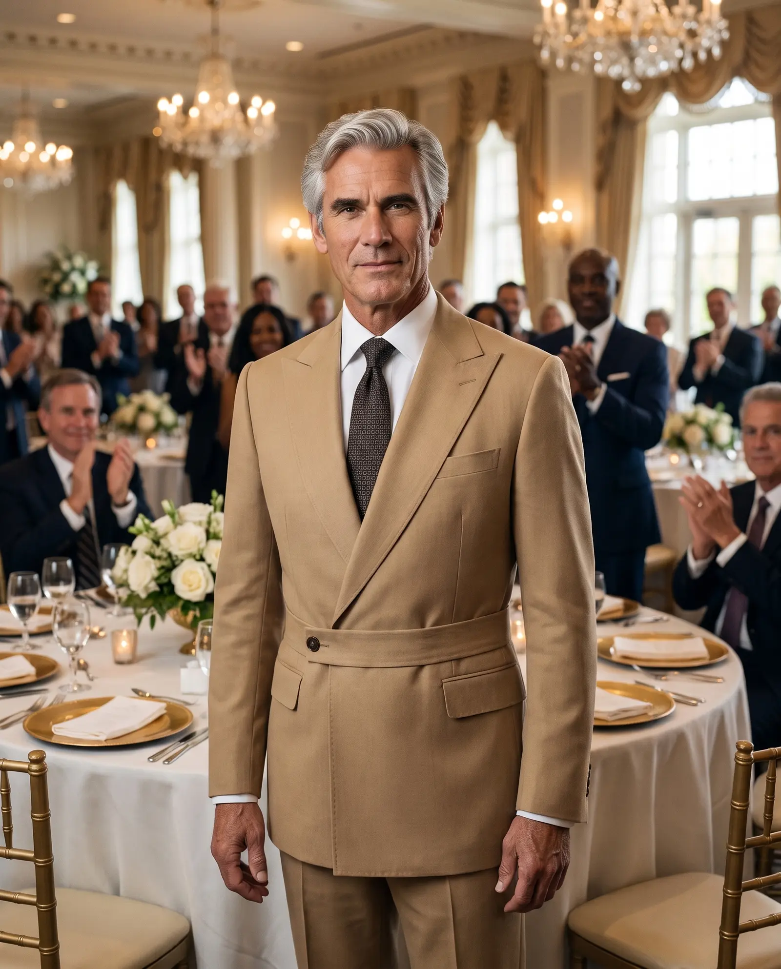 Tan Galilee suit occasion photograph