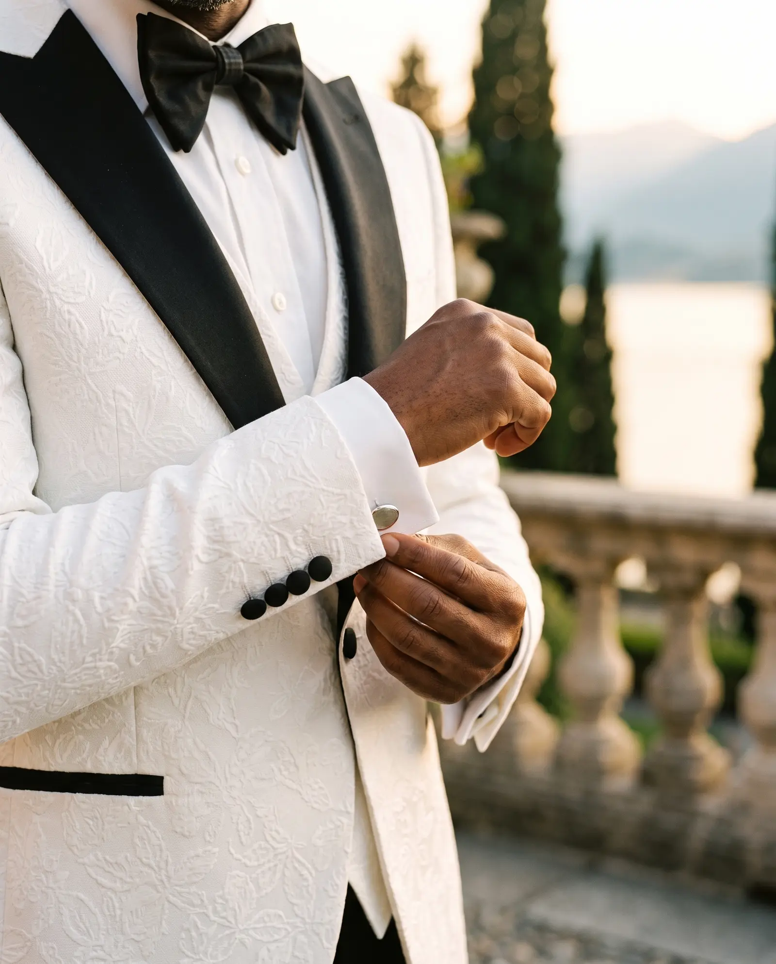 White jacquard Portofino three piece tuxedo occasion photograph