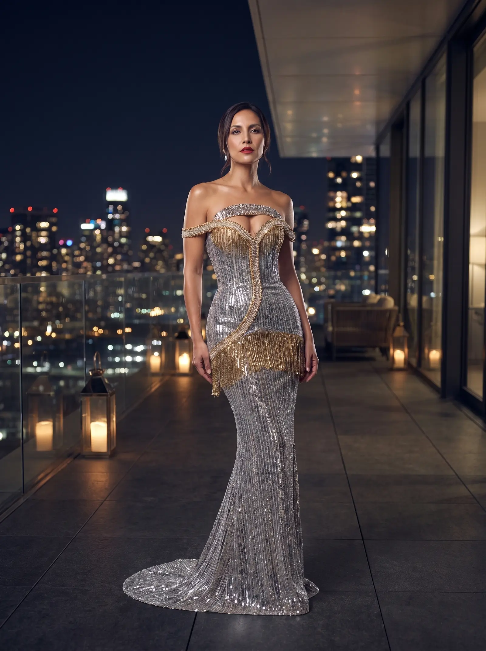 Silver and gold Meridian mermaid gown occasion photograph