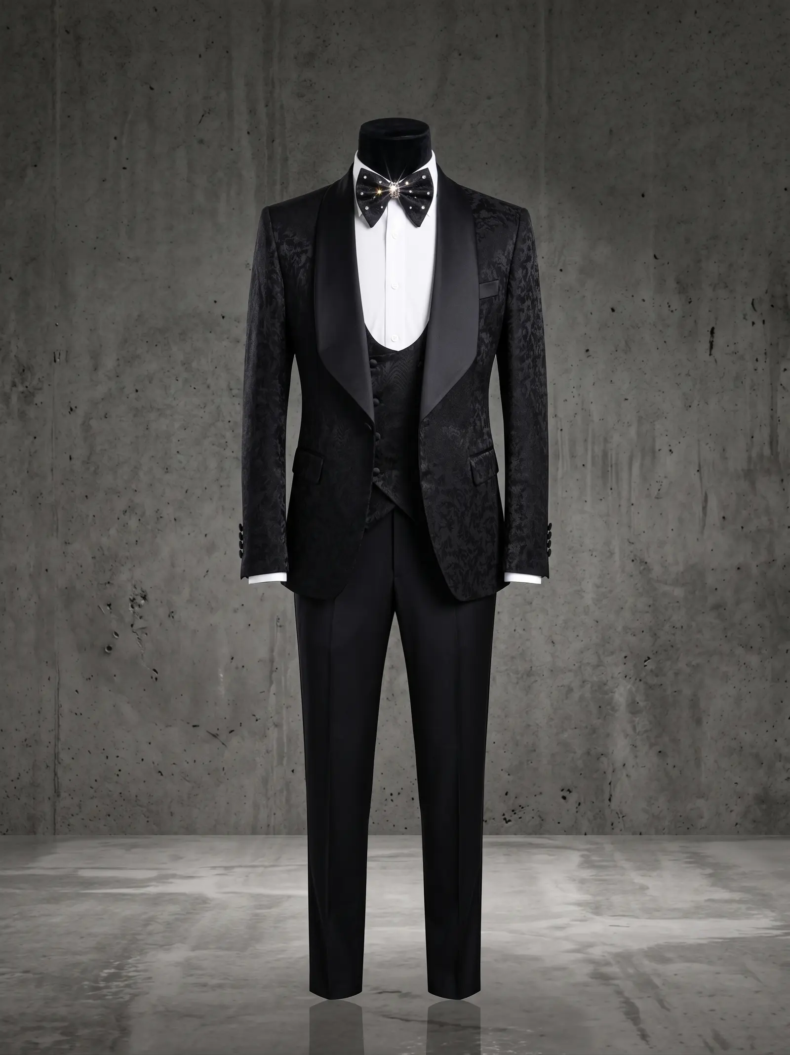 Black tonal jacquard Berkeley three piece tuxedo