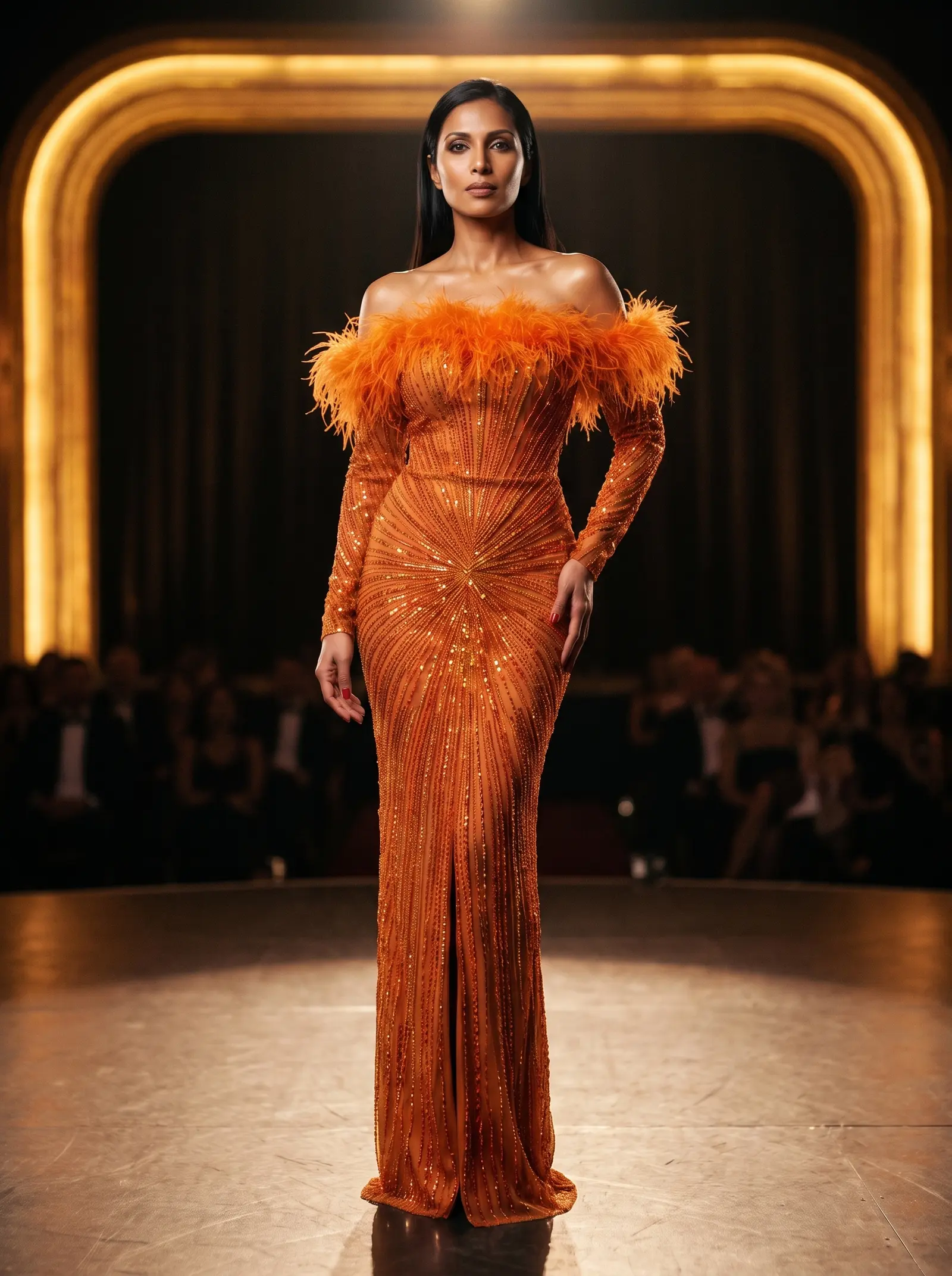 Burnt orange Blaze column gown occasion photograph