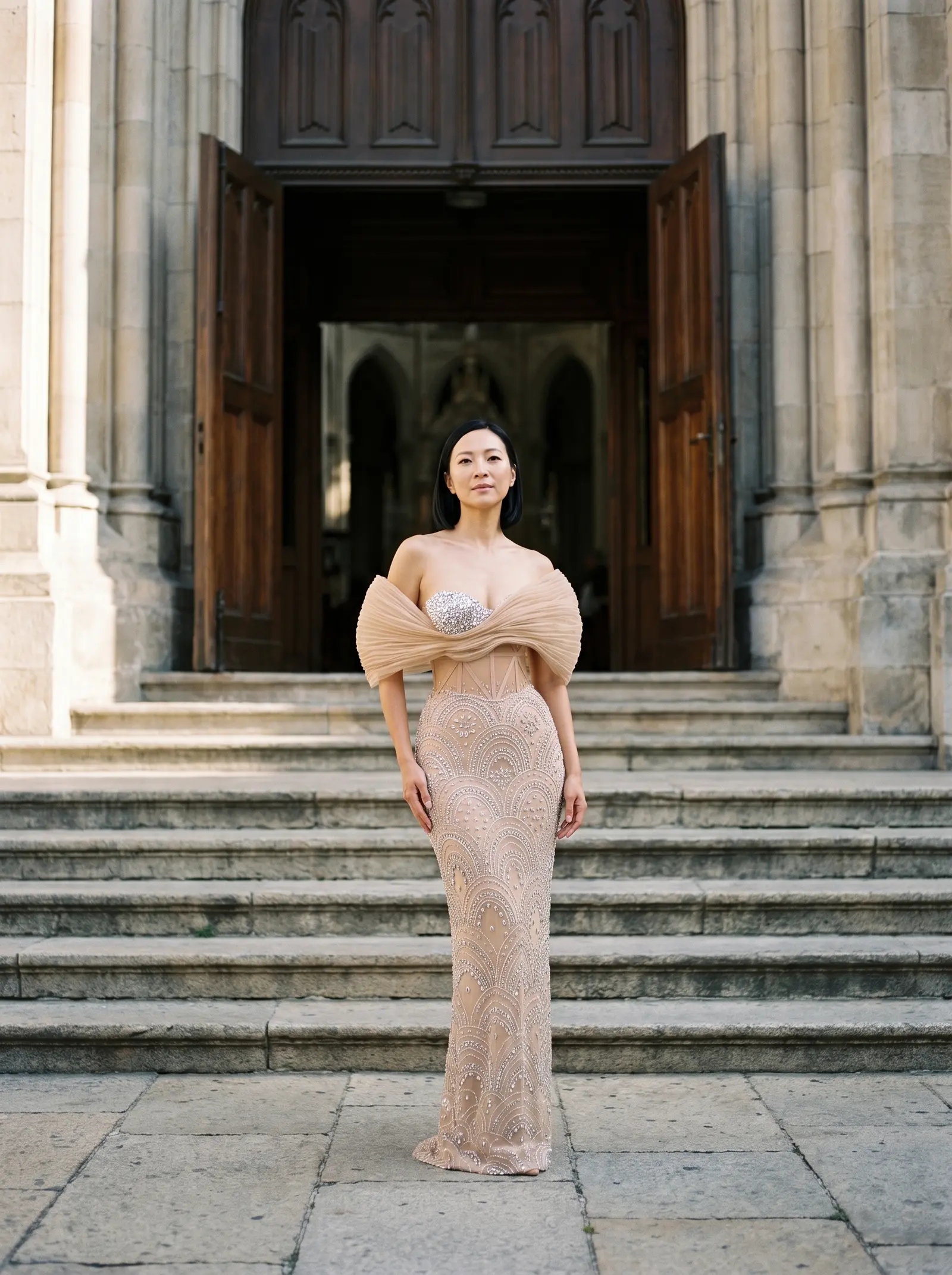 Champagne Dune column gown occasion photograph