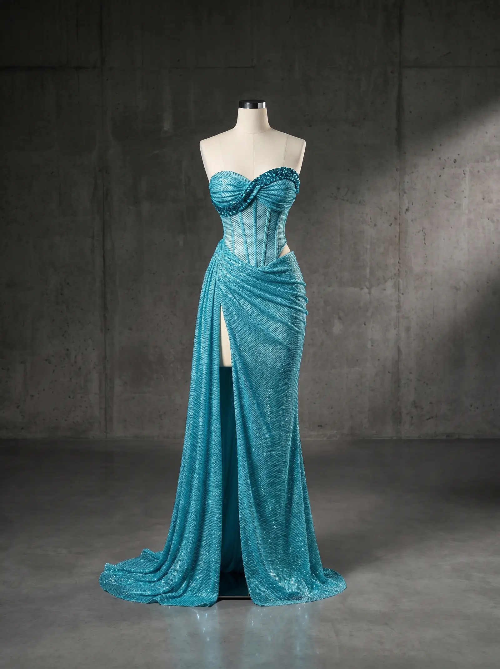Turquoise Cove gown, mannequin